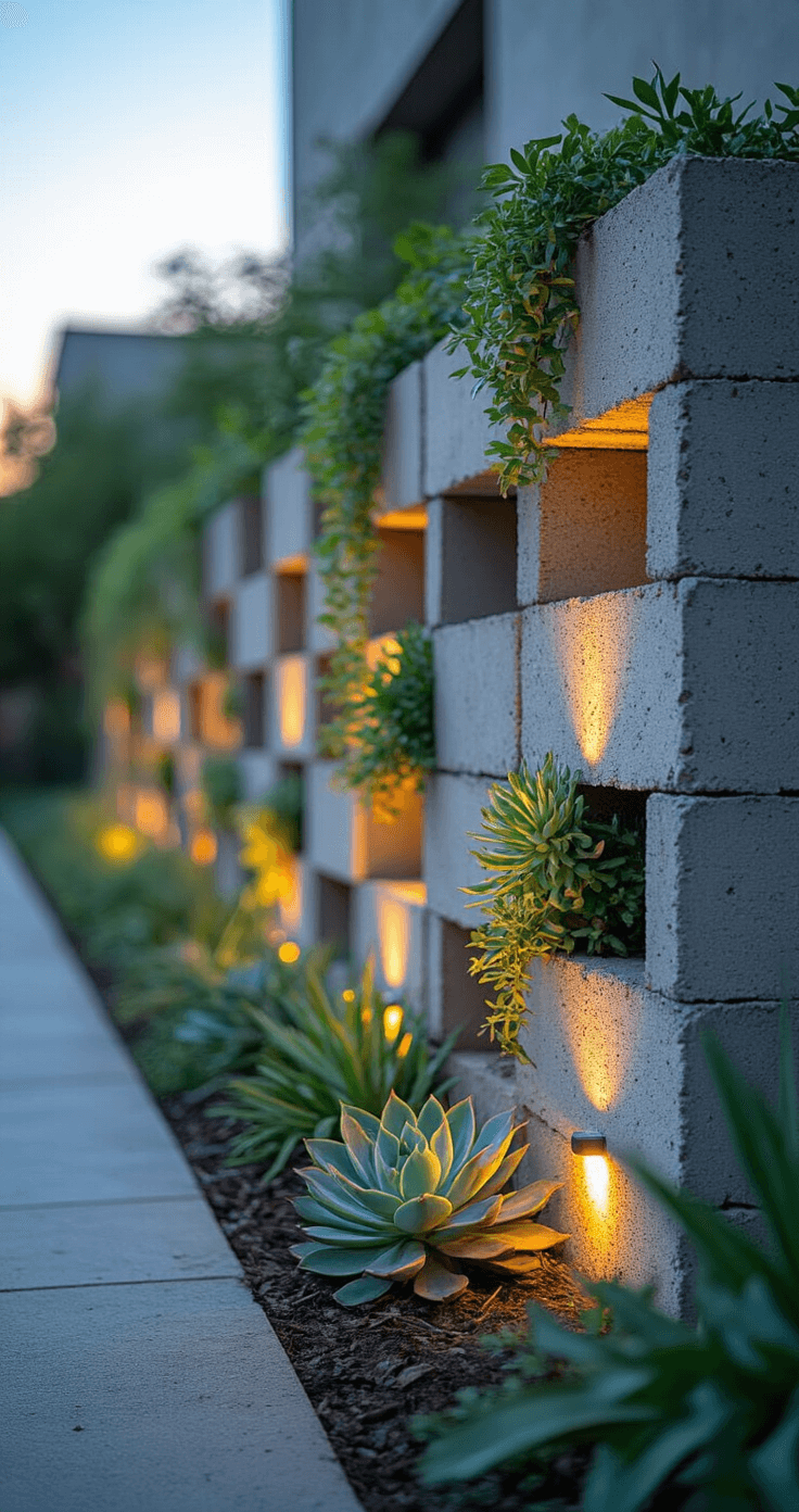 Eye-level twilight image of a 5x15ft industrial garden border made of repurposed cinder blocks, featuring vertically and horizontally arranged blocks with succulents and trailing plants. LED garden lights cast dramatic shadows against an urban backdrop, capturing modern and edgy aesthetics with a focus on texture and light play.