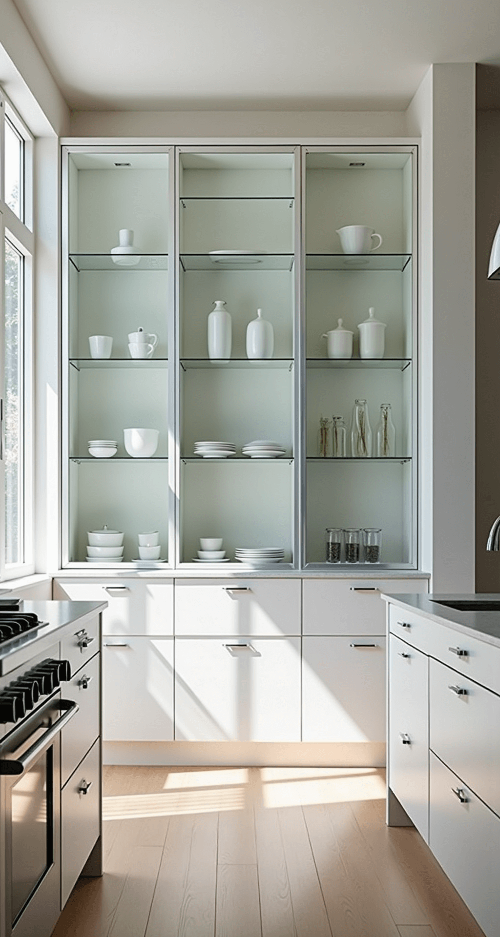 A bright, modern minimalist kitchen featuring floor-to-ceiling white cabinets with glass doors, white quartz countertops, stainless steel appliances, and flooded with morning sunlight, shot from a low corner angle.
