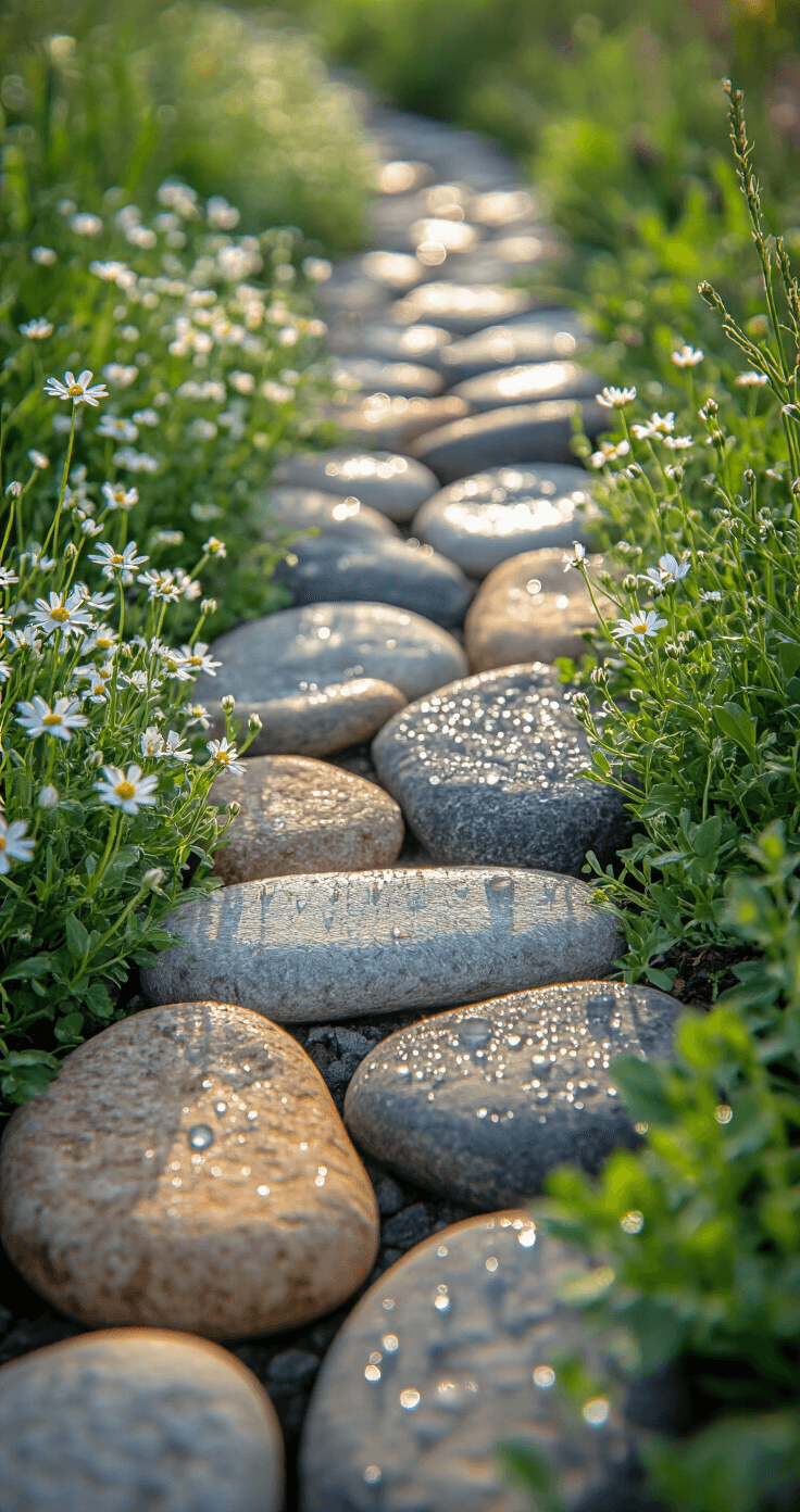 Close-up shot of a natural river rock border with smooth, multi-colored stones and wildflowers, featuring dewdrops on alyssum and creeping thyme, emphasizing texture and morning freshness.