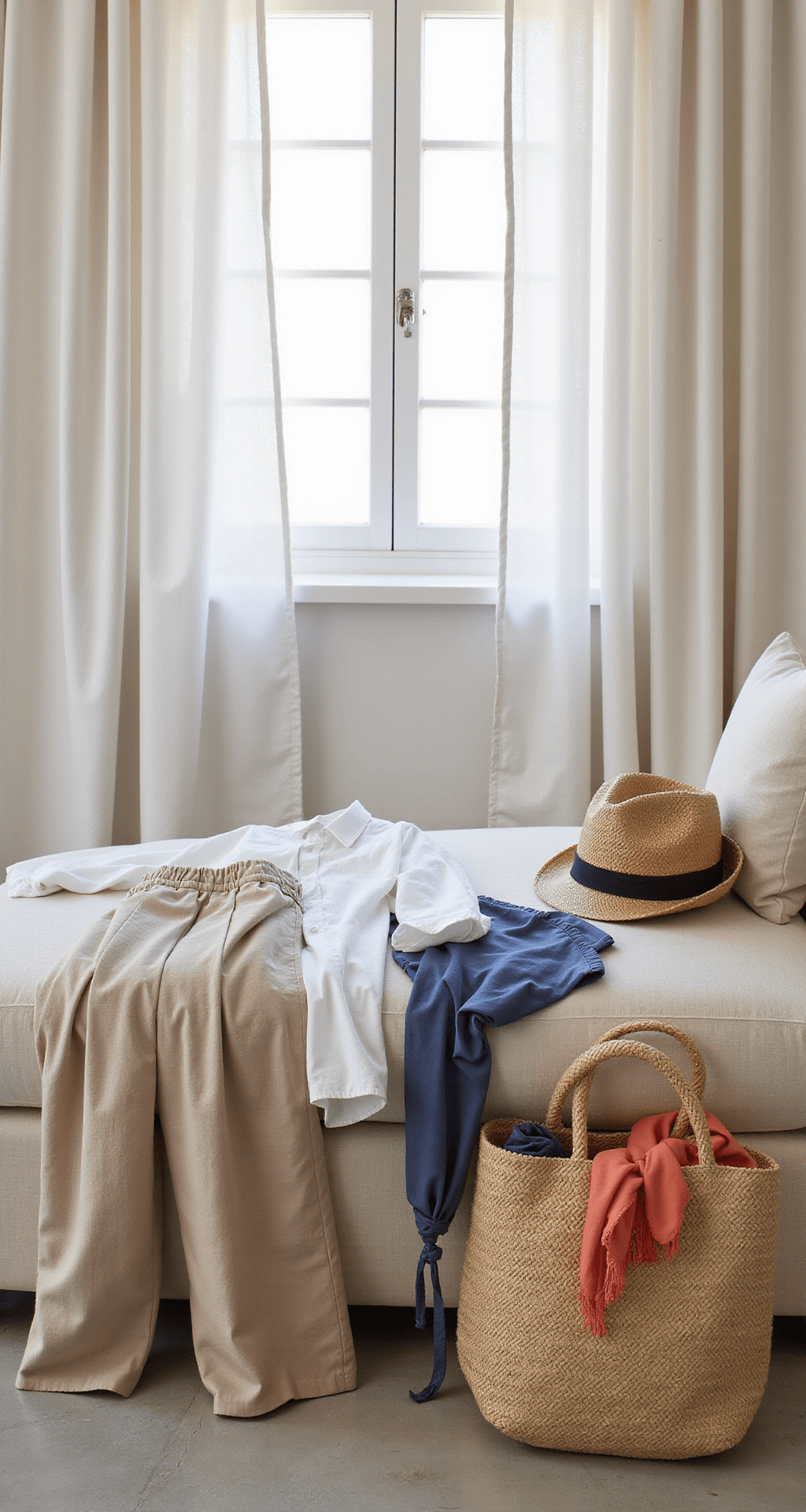 Interior of a boutique hotel suite in Mykonos, featuring early morning light filtering through sheer curtains, showcasing a close-up of resort wear on a chaise lounge, including sandy beige palazzo pants, a white peasant blouse, mix-and-match swimwear in blues and corals, a handwoven beach bag with a straw hat and silk pareo, all captured in soft, diffused lighting.