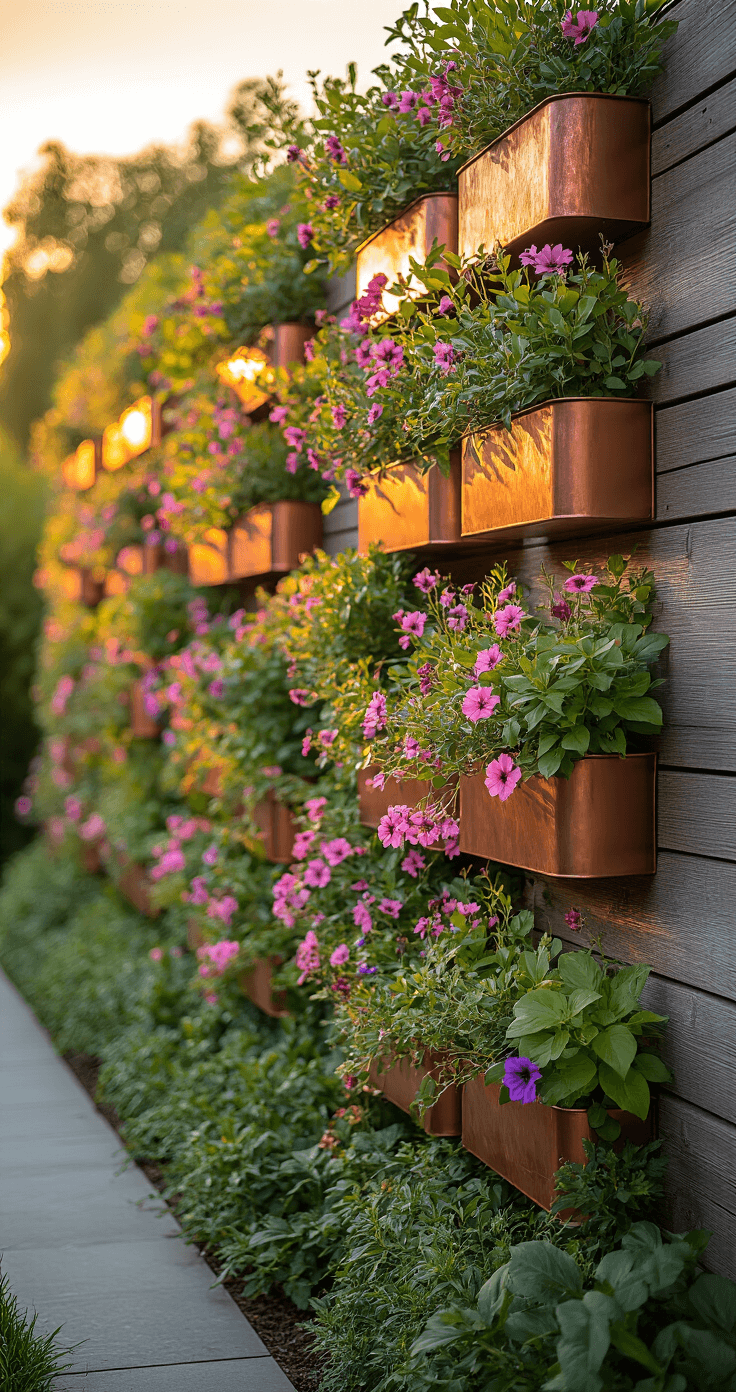 Worm's eye view of a tiered vertical garden at sunset, featuring copper wall-mounted planters with cascading pink and purple flowers, set against a weathered wood backdrop with copper patina details.