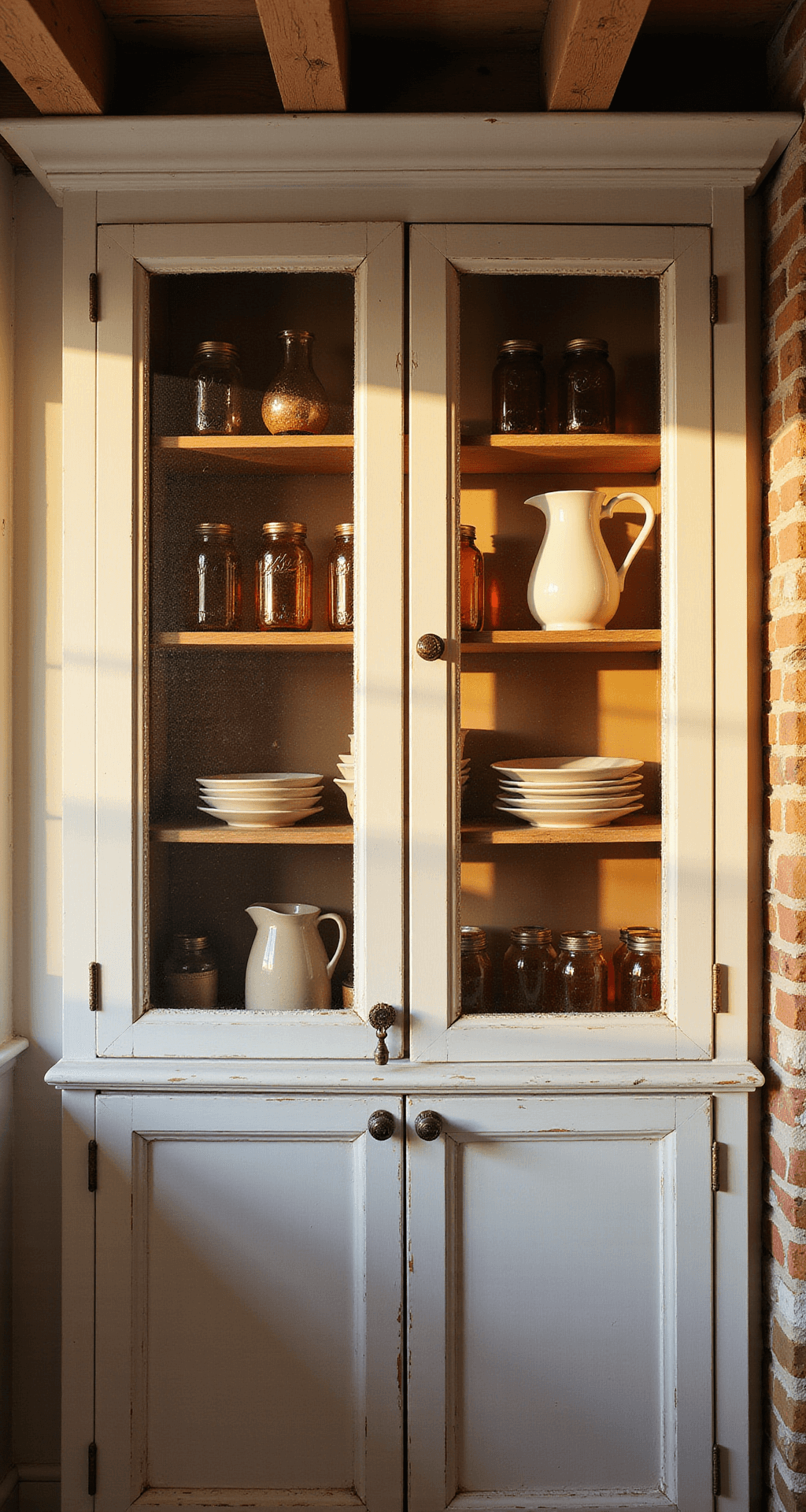 Cozy farmhouse kitchen corner with seeded glass cabinet doors displaying amber mason jars and cream pitchers, featuring exposed wooden beams, warm tungsten lighting, and antique copper accents.