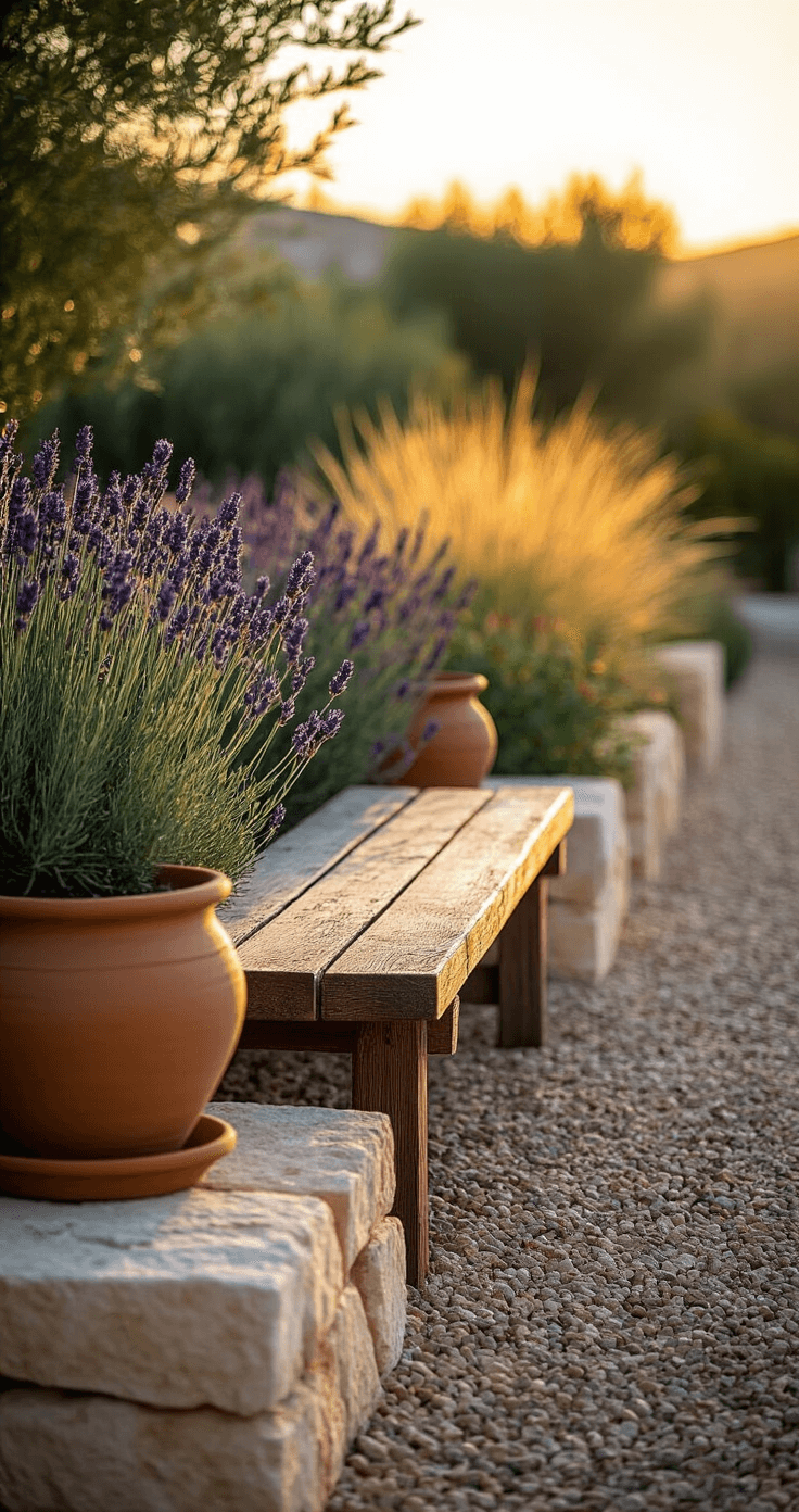 Side-angle golden hour view of a Mediterranean-style border featuring terracotta pots, limestone blocks, and gravel with drought-resistant plants like lavender and rosemary, illuminated by warm light. A rustic wooden bench serves as the focal point in this inviting setting, captured with a shallow depth of field for textured detail.