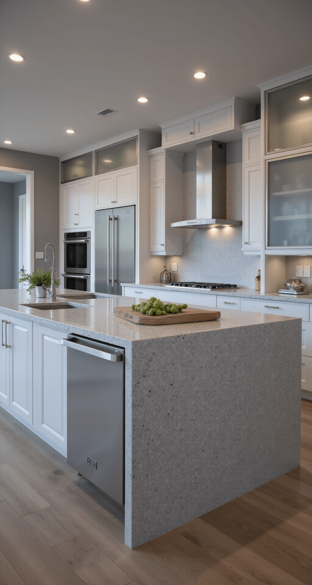 Expansive modern kitchen featuring frosted glass cabinets, a cool gray quartz waterfall island, and dusk lighting that illuminates the space with a sophisticated monochromatic palette.