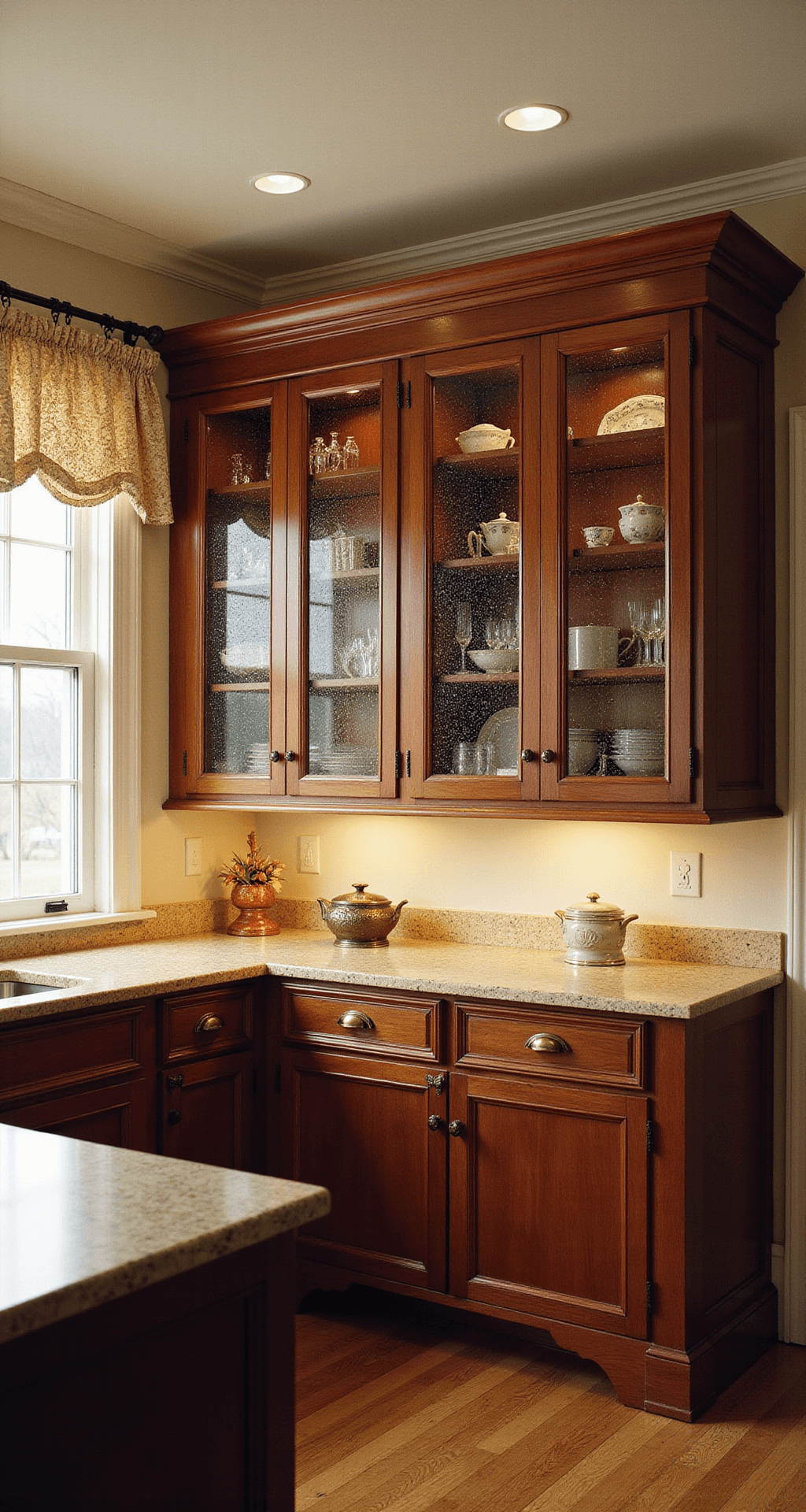 Intimate kitchen with mahogany cabinets, textured glass panels, ornate crown molding, and warm lighting creating a timeless elegance, captured symmetrically.