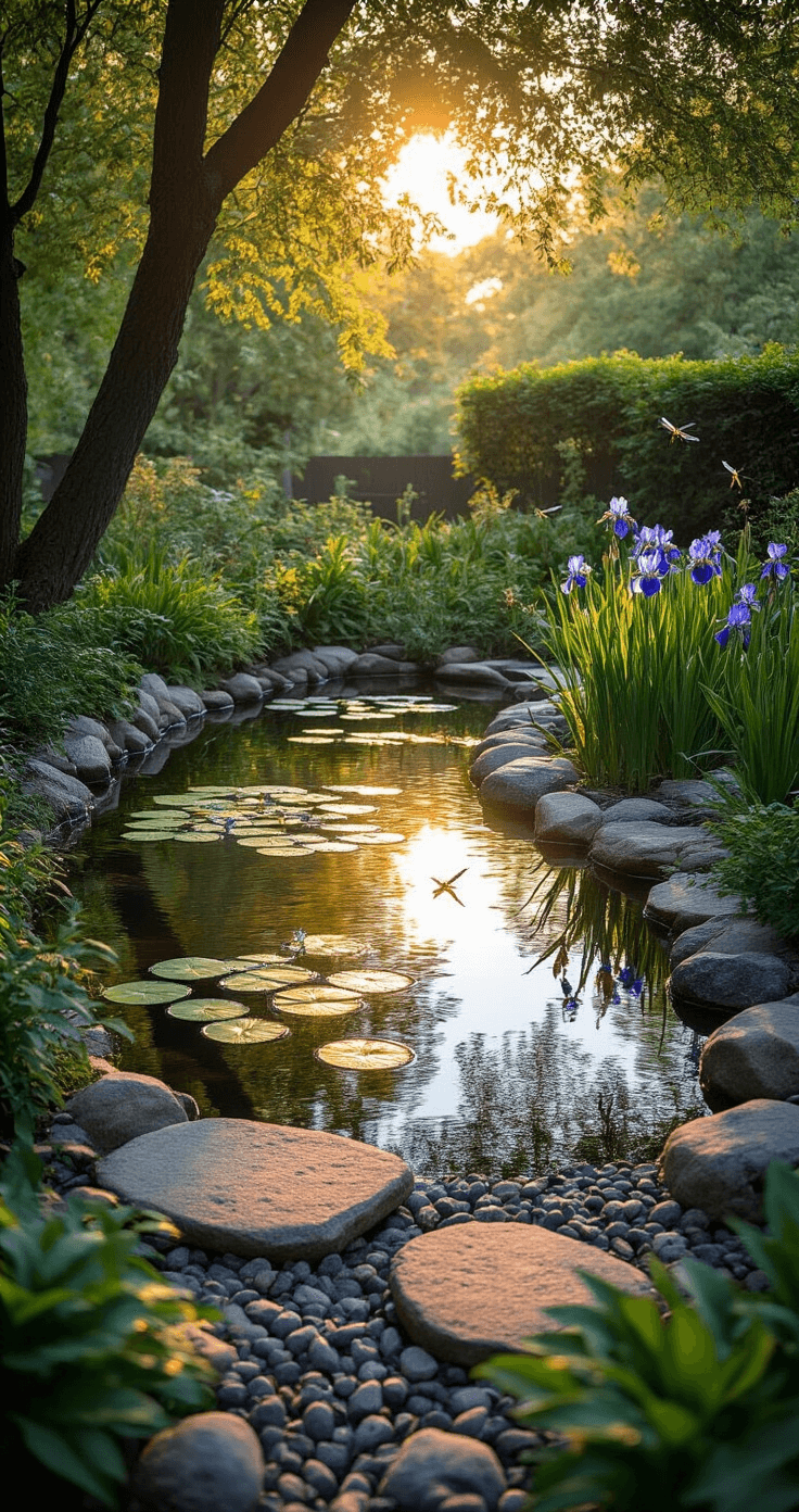 A serene backyard pond scene at golden hour, featuring a wildlife pond surrounded by native plants and stepping stones, with sunlight creating reflections on the clear water and dragonflies hovering above.