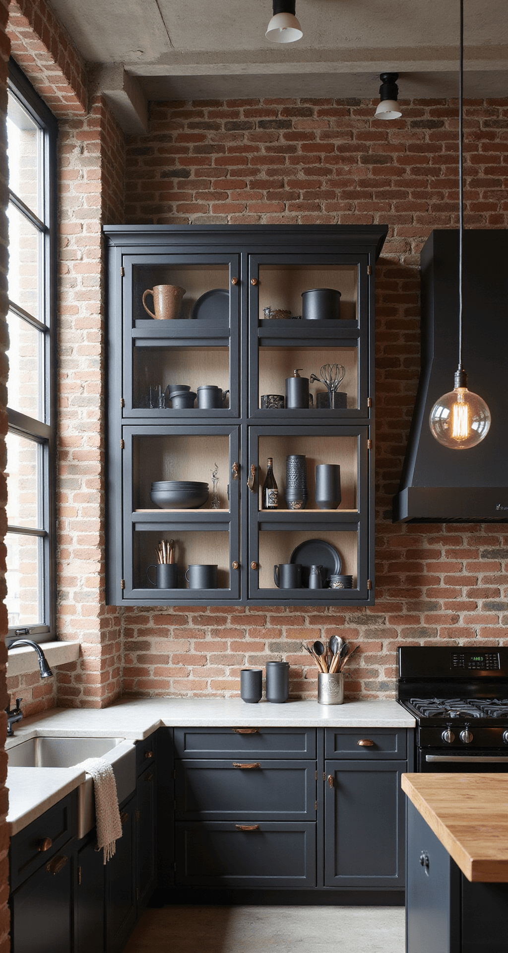 Industrial modern loft kitchen featuring exposed brick walls, 11ft concrete ceilings, clear glass upper cabinets with black metal frames, and matte black dinnerware with copper accents, illuminated by a mix of natural light and Edison bulb pendants.