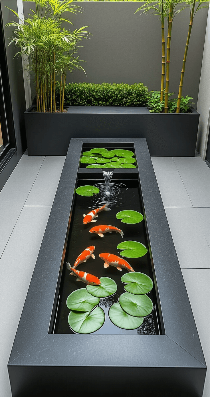Intimate patio with a modern 3x3ft decorative pond featuring sleek black granite and brushed steel, housing koi fish and water lettuce, framed by charcoal ceramic planters with bamboo, all in a minimalist style with cool colors and late morning light.