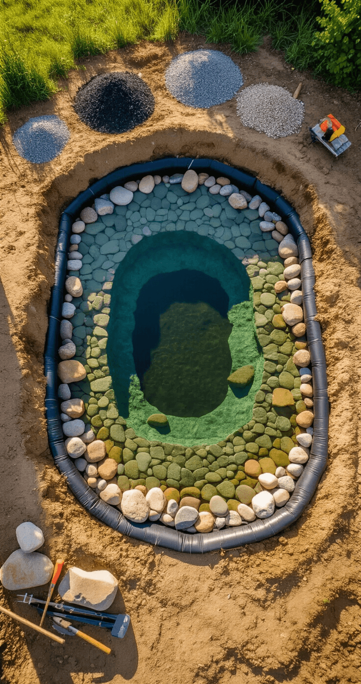 Wide-angle overhead view of a newly constructed pond featuring varied depth zones, fresh pond liner extending beyond edges, piles of rocks and gravel nearby, and construction tools arranged neatly, all showcased in warm earthen tones contrasting with the black liner under mid-morning natural lighting.