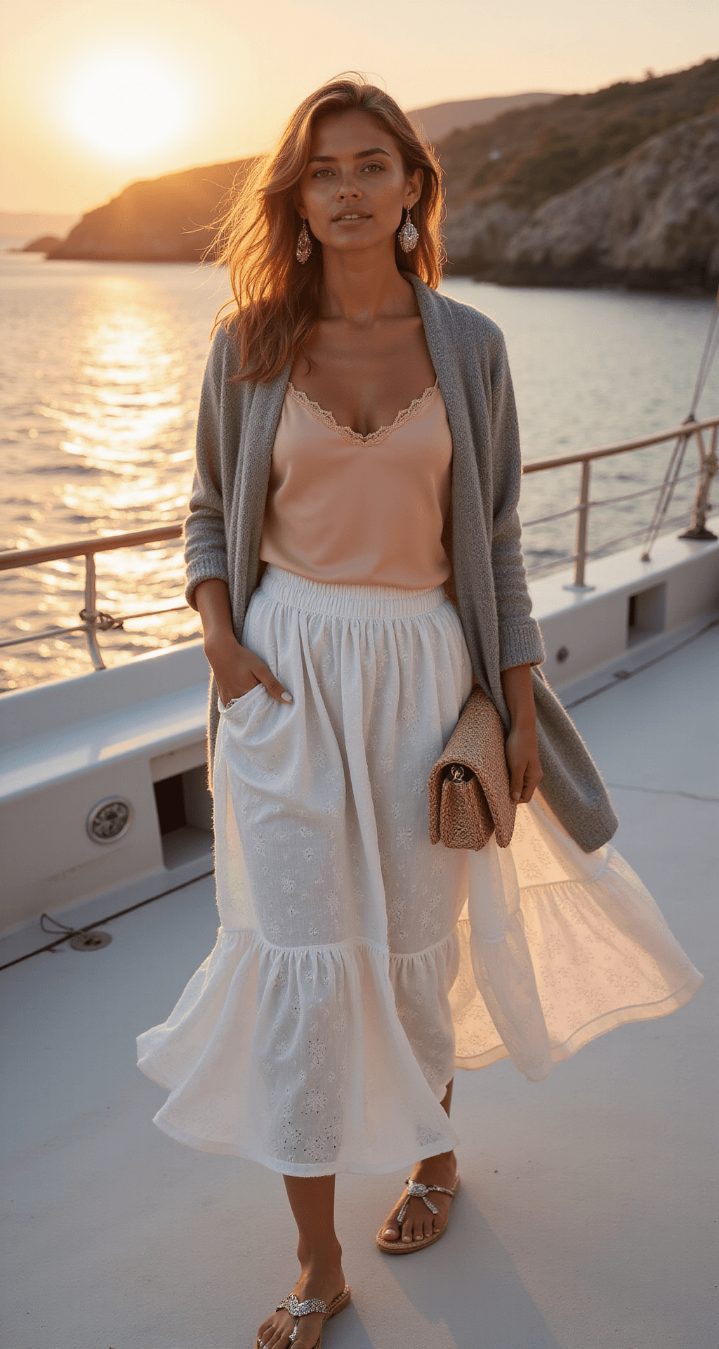 Model on a yacht deck in the Cyclades during sunset, wearing a white eyelet cotton midi skirt, soft peach silk camisole, and light gray cashmere cardigan. Accessories include metallic flat sandals, mother-of-pearl earrings, and a small raffia clutch, with gentle sea breeze creating movement in the fabrics against a warm golden sunset backdrop.