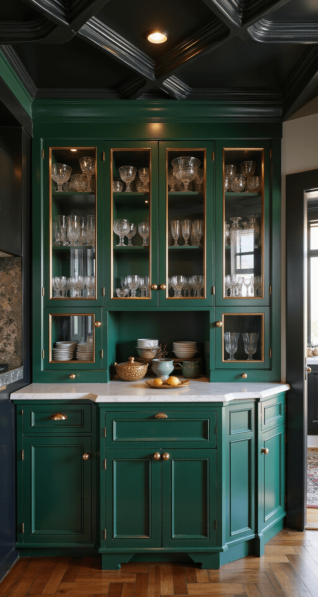 A sophisticated Art Deco kitchen featuring a geometric coffered ceiling, smoked glass cabinet doors with brass frames displaying vintage glassware and gold-rimmed china, illuminated by evening lighting that casts dramatic shadows, all in a rich emerald green, black, and gold palette.