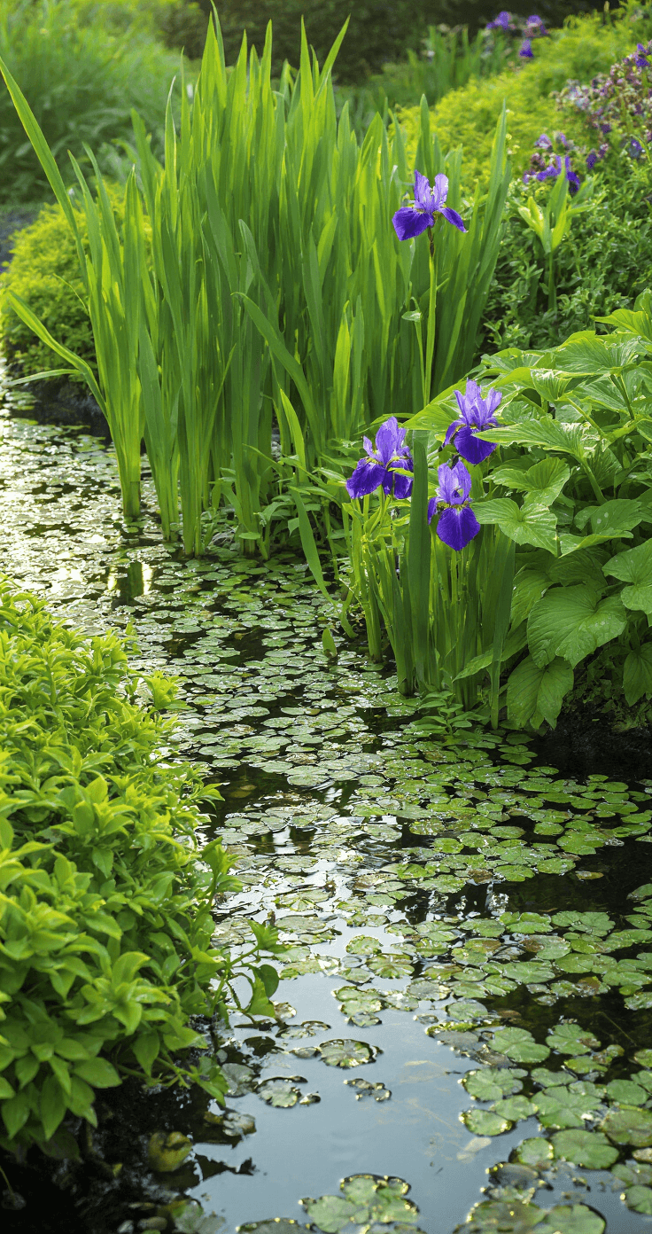 Close-up of a pond edge with lush layered vegetation at dawn, featuring water iris leaves and submerged plants. Dewdrops glisten on vibrant green leaves, while purple iris blooms add color, all captured in soft, diffused light.