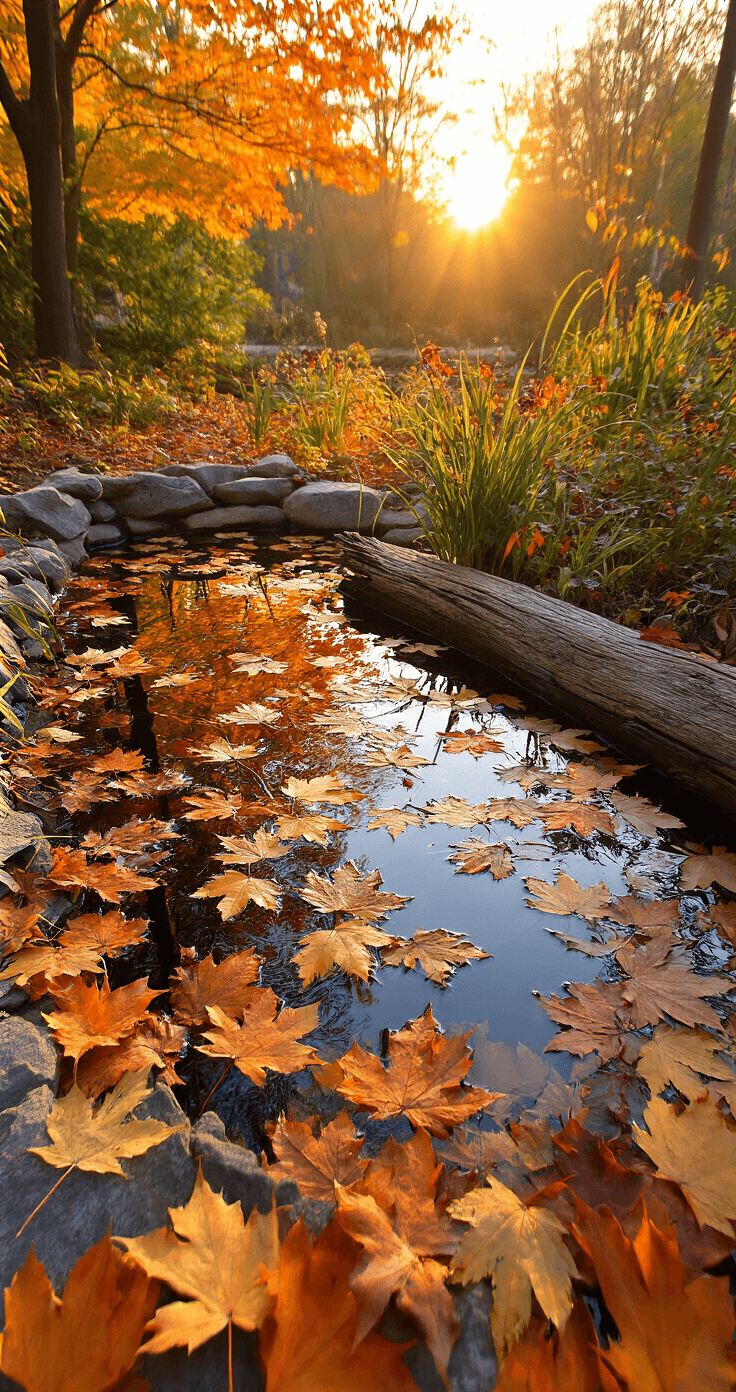 An eye-level view of a wildlife pond at sunset, with fallen maple leaves in warm copper tones on the surface. Stone edges are visible amidst scattered leaves, while marginal plants display autumn colors. Low sunlight casts dramatic shadows, and a weathered log accents the scene, enhancing the atmospheric mood with a palette of oranges, deep greens, and rich browns.
