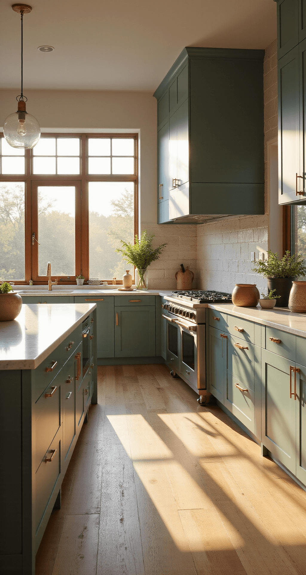 A modern kitchen bathed in golden hour light, featuring sage green cabinets, a white quartz waterfall island adorned with ceramic vessels and herbs, and a Moroccan zellige tile backsplash, all set against wide-plank white oak flooring.