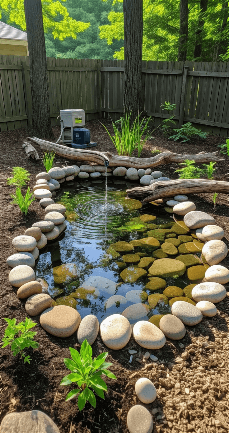 Elevated view of a budget-friendly pond installation in morning light, showcasing a 4x3ft DIY setup with recycled materials, repurposed stones for edging, driftwood accents, a basic pump system, and native plants ready for planting, all captured in a raw, documentary style.
