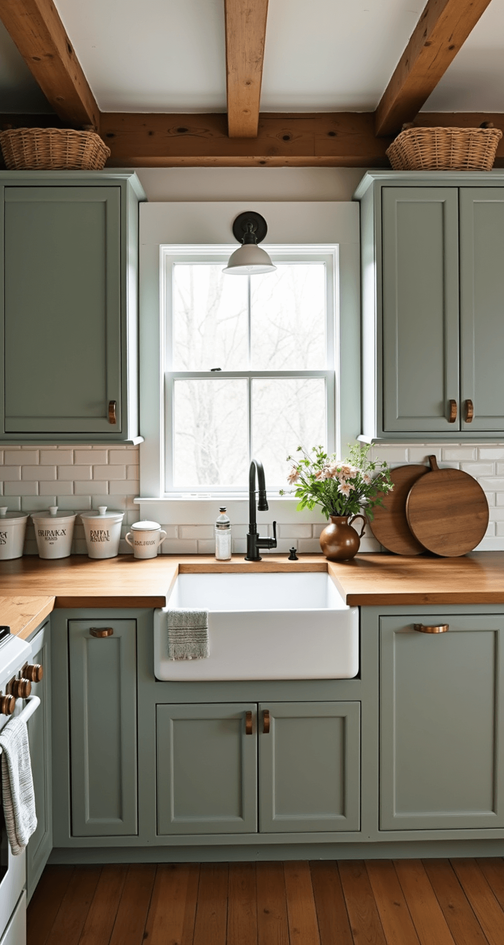Intimate farmhouse kitchen with sage shaker cabinets, wooden beams, and morning light filtering through café curtains, featuring butcher block counters, white porcelain sink, subway tile backsplash, and decorative elements like antique cutting boards and fresh flowers.