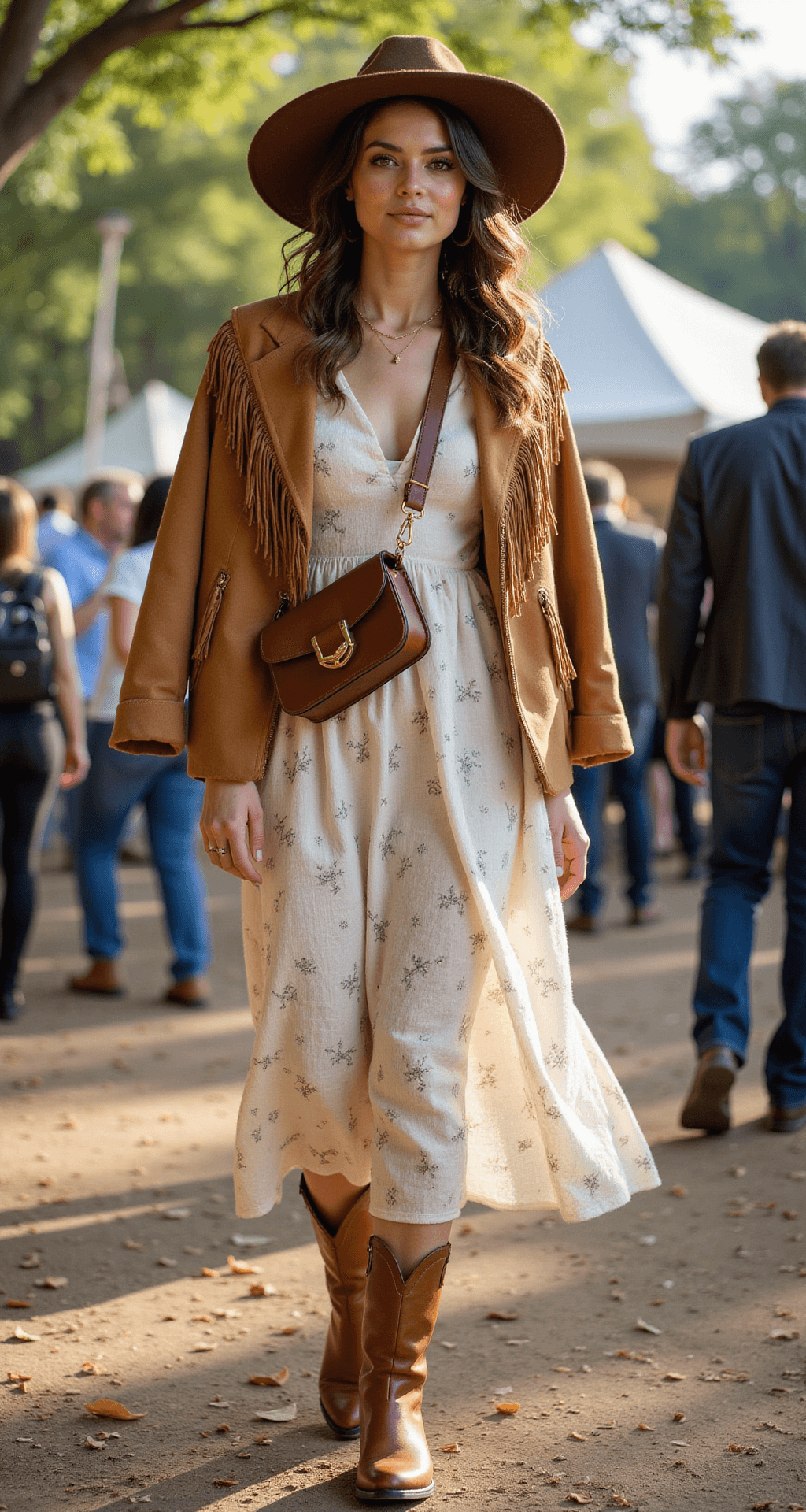 A woman in a cream midi dress adorned with a floral print, wearing tan cowboy boots and a camel-colored fringe leather jacket, stands at an outdoor music festival. A wide-brim brown felt hat adds movement while she carries a brass-detailed brown leather crossbody bag. Dappled sunlight filters through the trees, enhancing the authentic festival atmosphere.