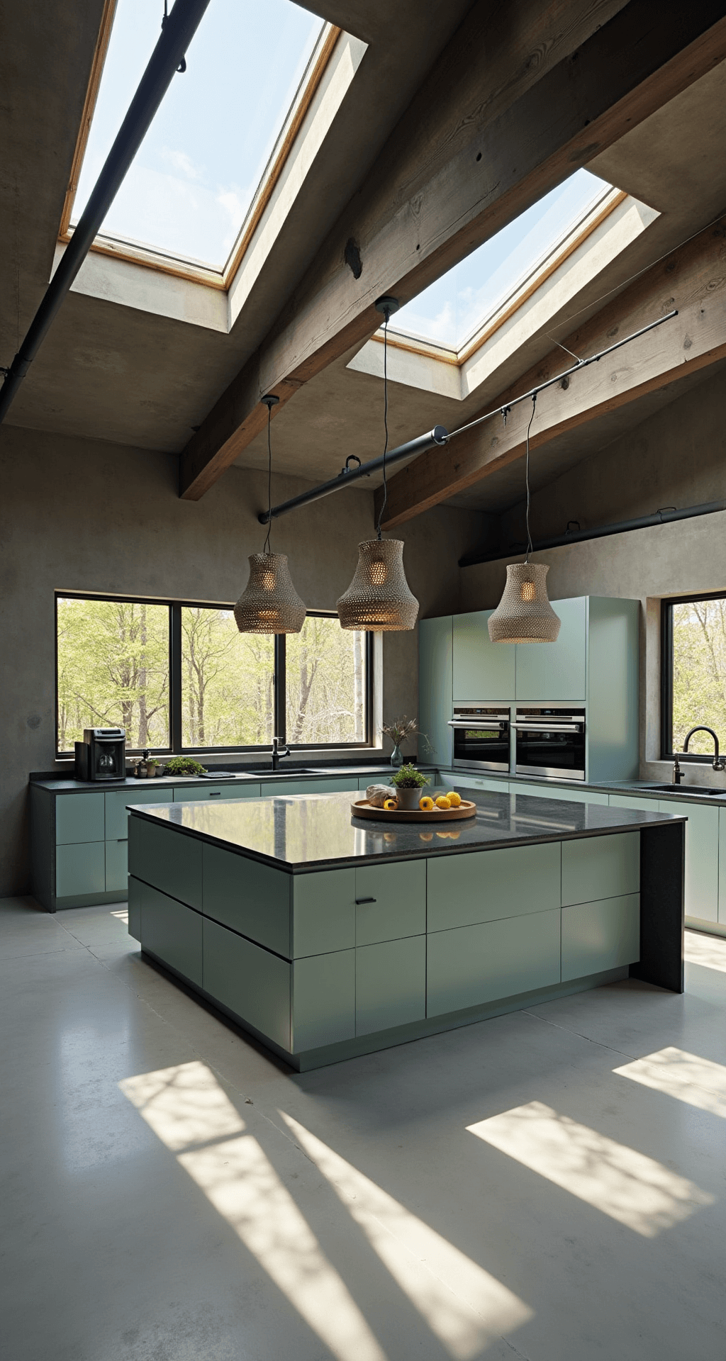 Open concept kitchen featuring sage flat-panel cabinets, charcoal quartz counters, stainless steel appliances, and geometric pendant lights, with concrete floors and exposed ductwork illuminated by skylight.