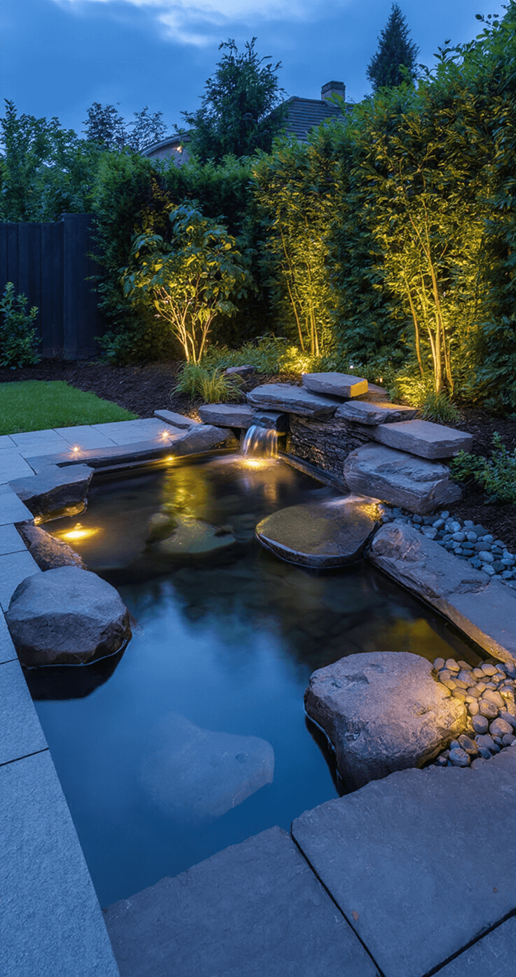A professionally designed small garden pond at twilight, featuring LED uplights illuminating water features and plants, with a reflective water surface mirroring the evening sky, surrounded by strategically placed rocks and premium slate edging in a high-end residential setting.