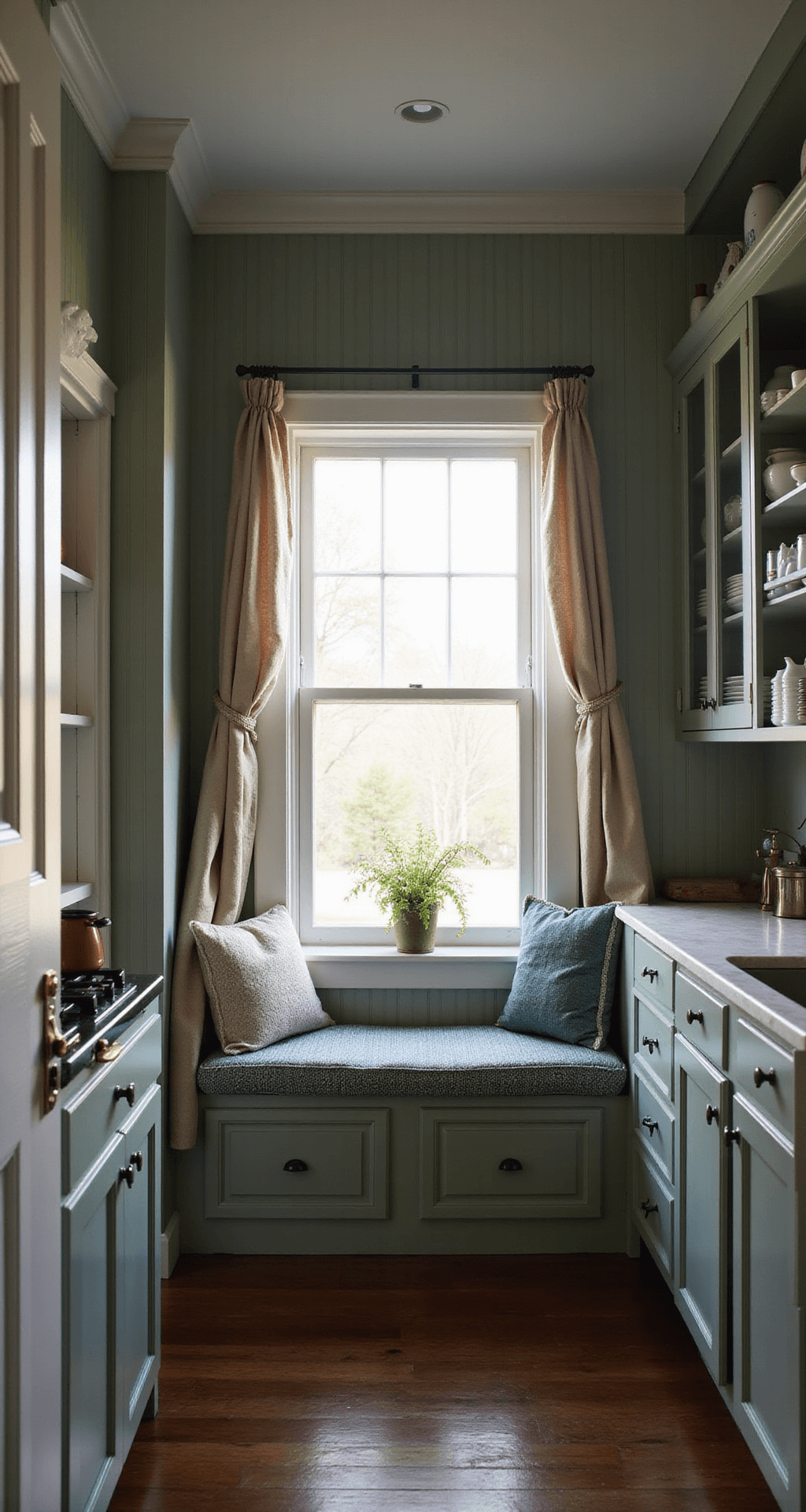 A cozy 10x12ft kitchen featuring beadboard sage cabinets, a window seat nook, and marble counters, illuminated by soft evening light with a moody atmosphere. The space includes open shelving with white dishes, fresh herbs on the windowsill, and warm metal accents contrasting with cool sage tones, all viewed from the doorway.