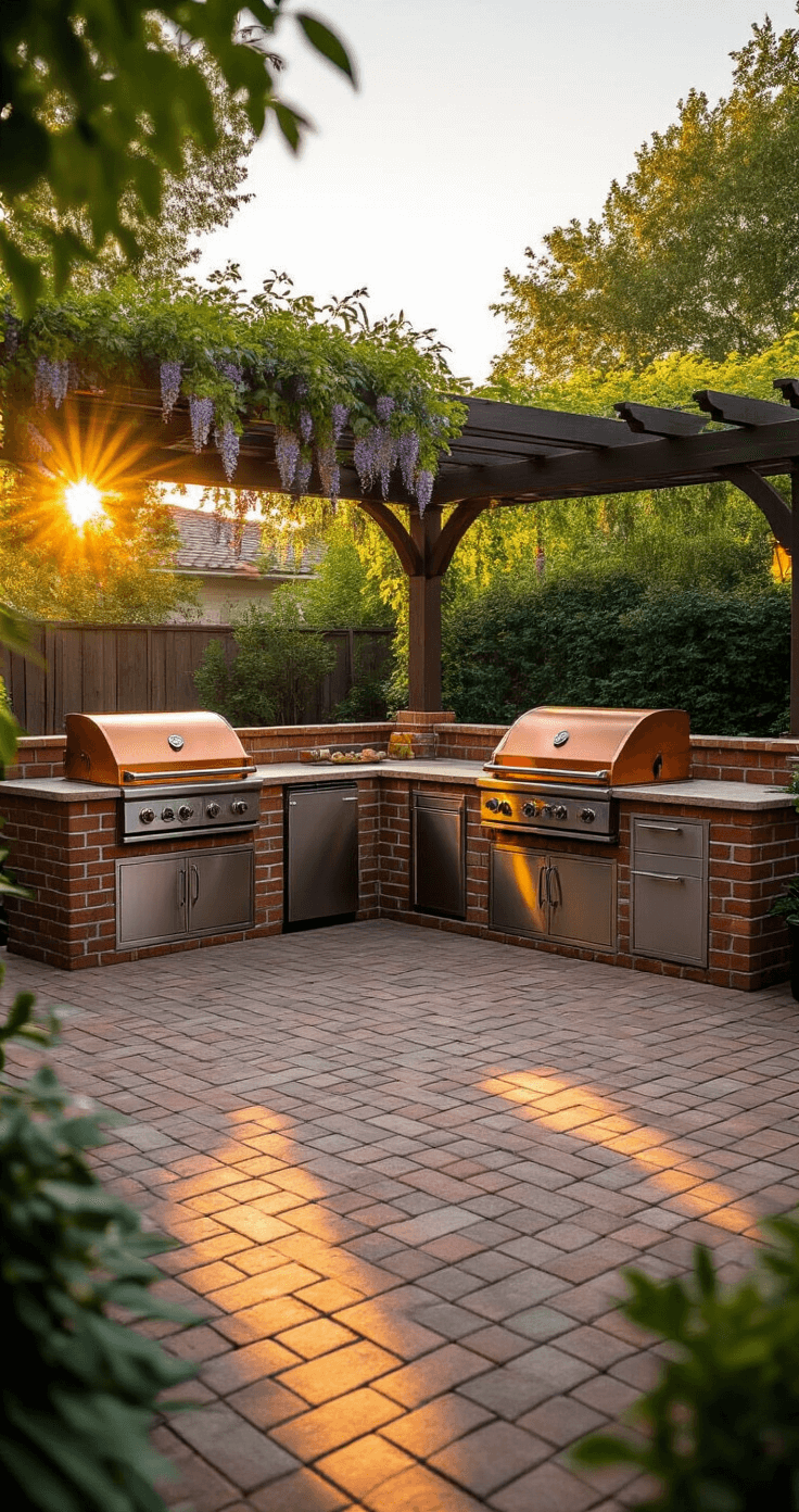Wide-angle view of a luxurious backyard patio featuring a custom L-shaped brick BBQ station with natural stone countertops, illuminated by warm sunlight at golden hour. The scene showcases tumbled brick pavers, a pergola draped with climbing wisteria, and gleaming stainless steel grill inserts, with integrated LED lighting starting to twinkle.