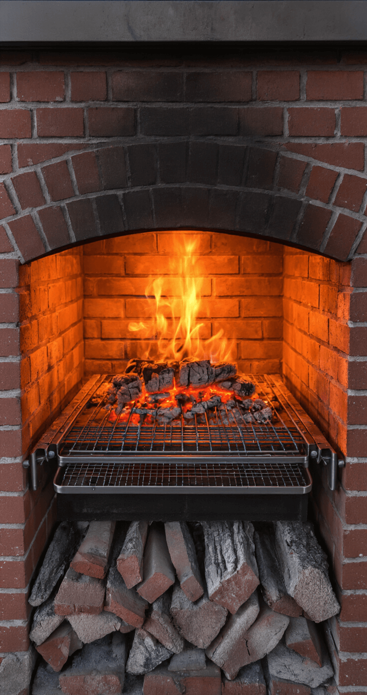 Close-up view of a professional-grade brick firebox at dusk, featuring red fire-rated bricks in a 4'x3' cooking chamber, glowing amber from smoldering charcoal. Brushed stainless steel grill grates on heavy-duty brackets and visible cast iron dampers enhance the scene, with smoke wisps and dramatic side lighting accentuating the brick texture in deep reds and charcoal grays.