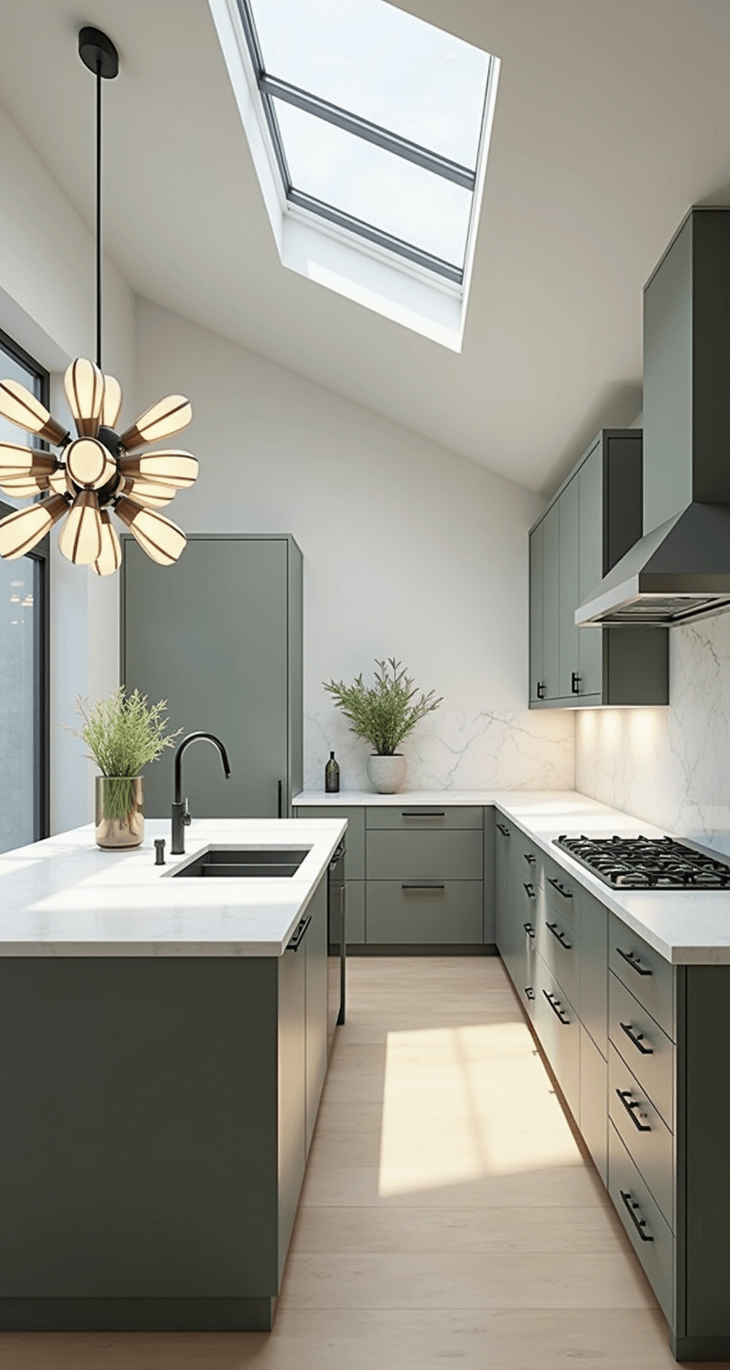A spacious 16x18ft contemporary kitchen featuring sage slab cabinets, a white marble backsplash, an oversized island with waterfall edges, and pendant cluster lighting, all illuminated by bright midday light and casting high contrast shadows.