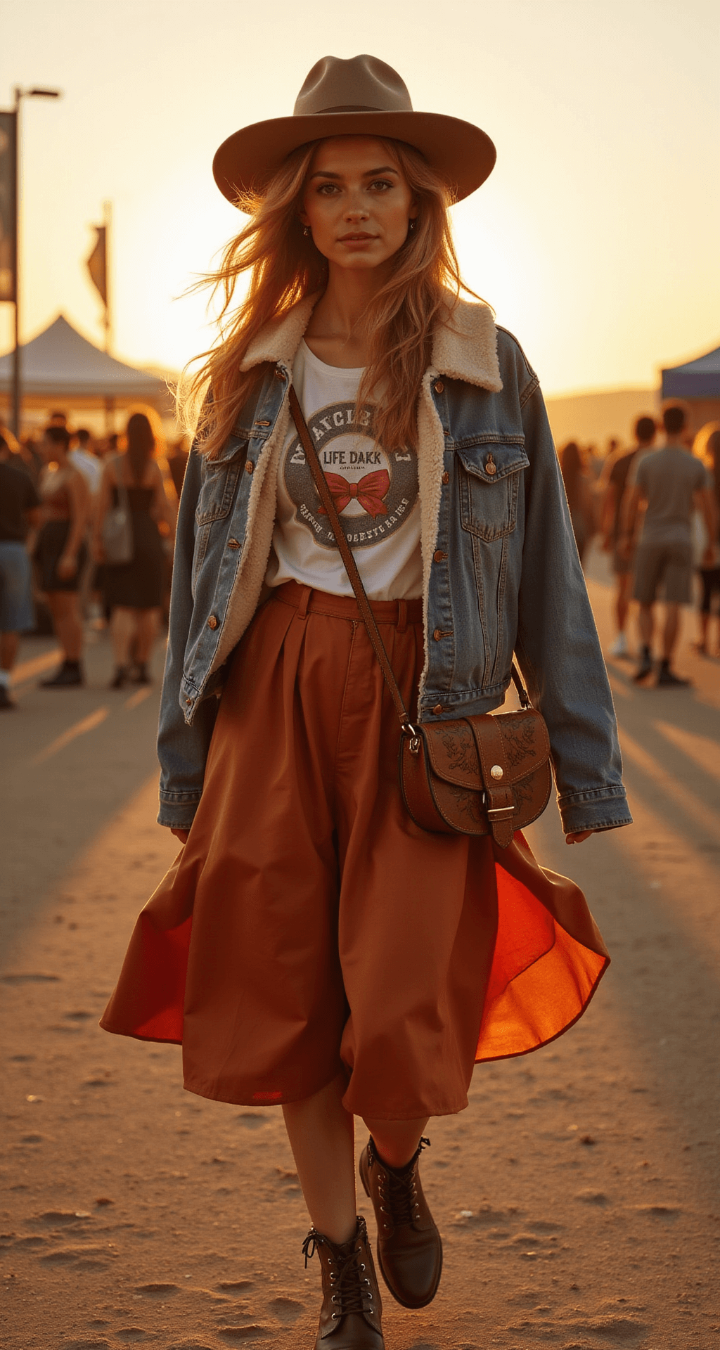 A model in motion at a sunset festival, wearing a rust-colored silk midi skirt and vintage graphic tee, with a denim jacket draped over her shoulders and a wide-brim hat casting shadows. Her hair flows in the golden hour breeze, and she carries a crossbody bag with western tooling, all set against a warm, golden color palette.