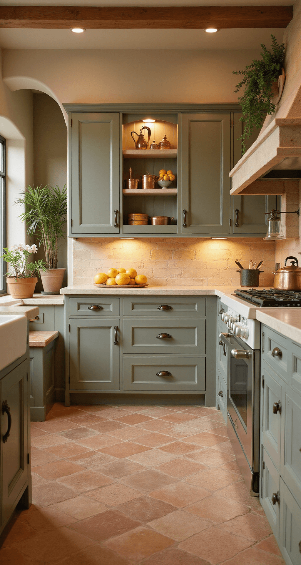 A spacious Mediterranean kitchen featuring sage cabinets with ornate bronze hardware, terracotta floors, cream stone countertops, and a hand-painted tile backsplash, illuminated by warm afternoon light. Copper cookware is displayed, and organic elements like citrus fruits add to the earthy color palette. The scene is framed by arched doorways, highlighting the architectural details.
