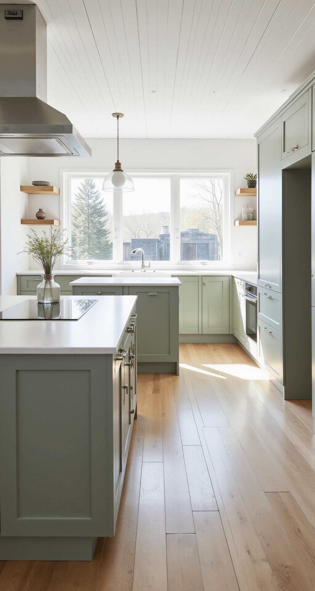 A bright and airy Scandinavian-inspired kitchen featuring sage cabinets and light oak floors, bathed in morning light from large windows, with minimal upper cabinets and floating shelves, showcasing a harmonious flow from the living area.