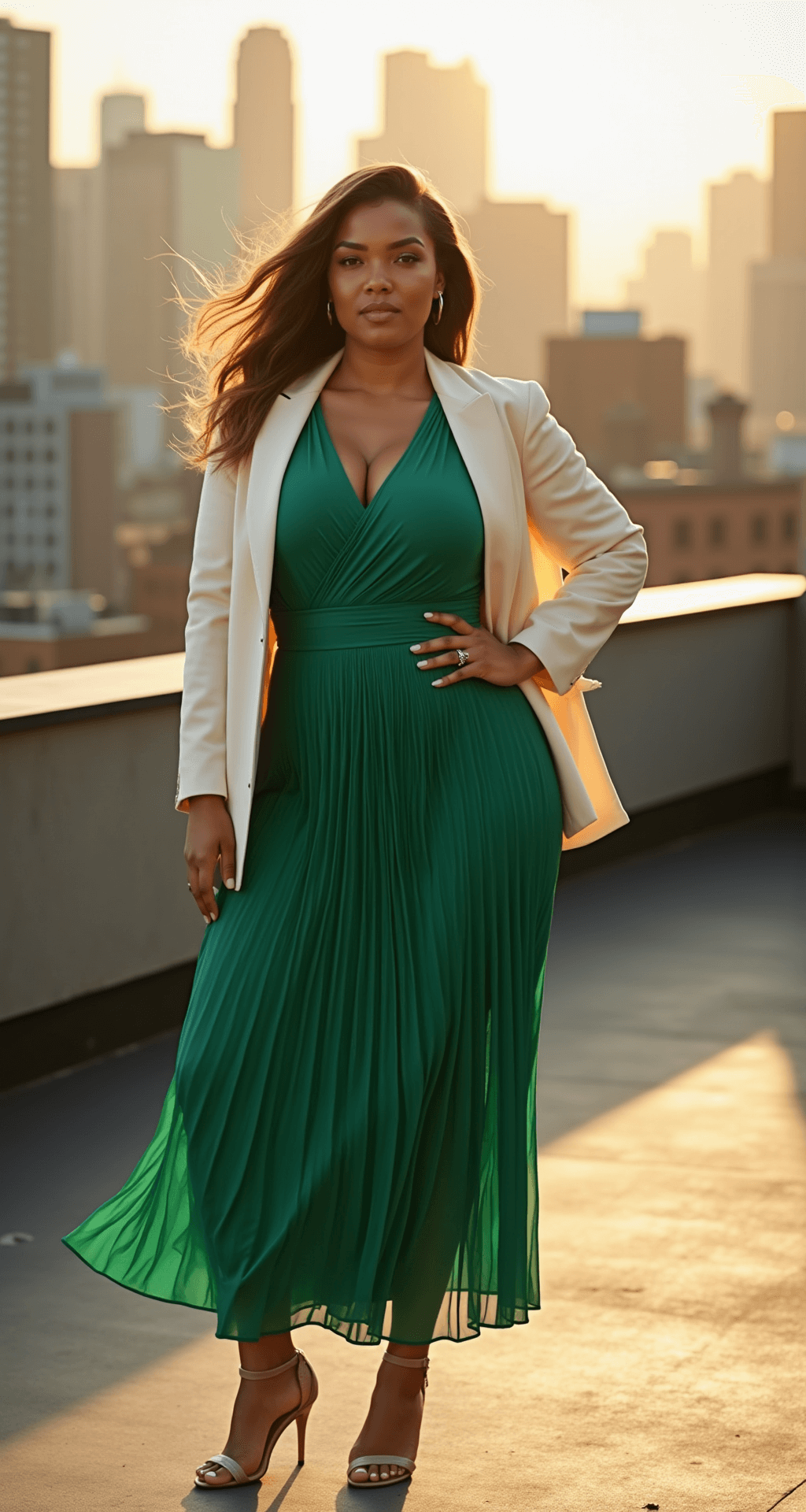A curvy model in a flowing emerald green A-line dress stands on a sun-drenched urban rooftop terrace at golden hour, with the city skyline in the background. She wears nude strappy sandals and a cream blazer draped over her shoulders, her natural hair caught in a gentle breeze. The photo is taken from a low angle, capturing the warm lighting and luxurious fabric texture.