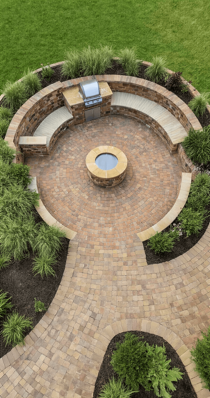 Bird's eye view of a 30'x40' BBQ entertainment zone featuring a circular brick patio with a BBQ station, radiating brick patterns leading to curved seating walls, and overflowing planters with ornamental grasses, framed by natural stone borders.