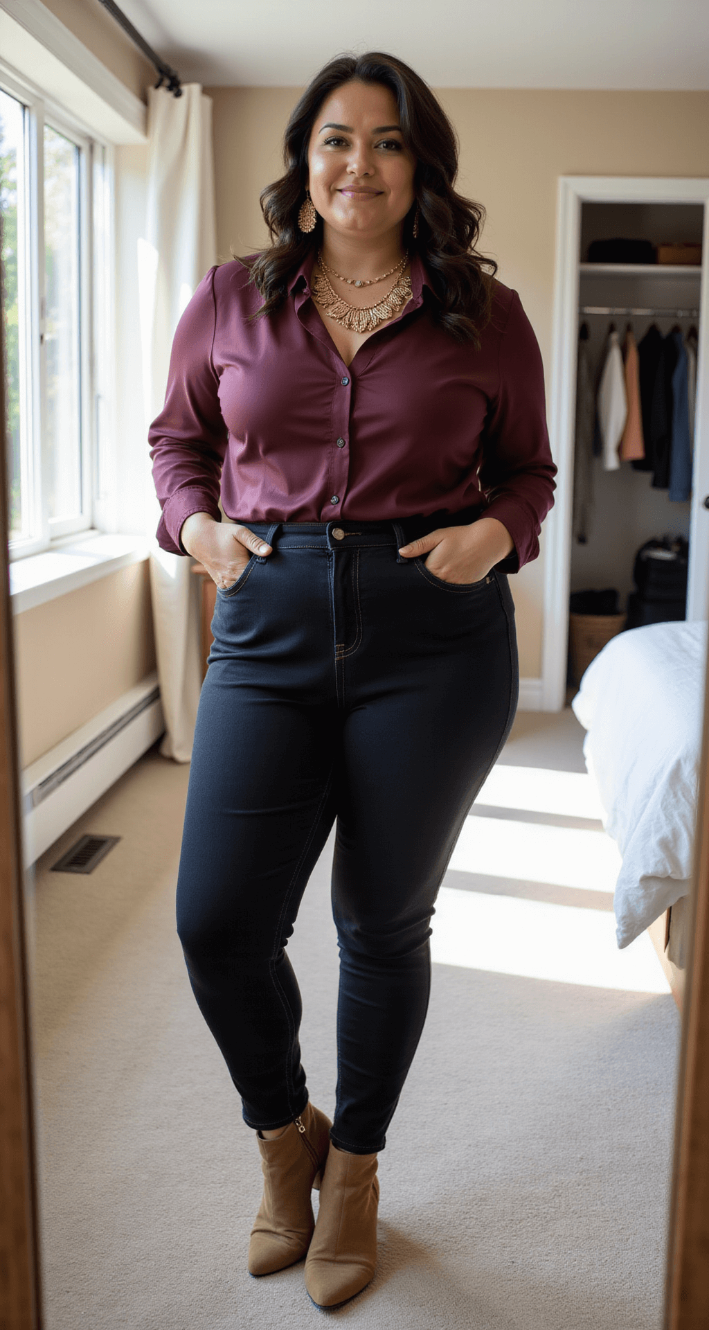 A curvy woman poses in a bright bedroom, showcasing a high-waisted dark denim outfit in a full-length mirror, complemented by a silk burgundy blouse and statement gold jewelry. Morning light filters through floor-to-ceiling windows, illuminating the scene with organized closet details visible in the background.