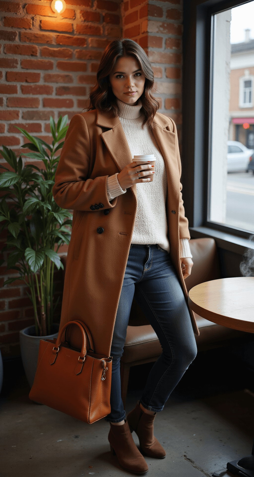 Cozy coffee shop corner featuring a curvy model in a camel wool coat over a cream turtleneck sweater, dark wash high-waisted jeans, rich brown leather tote bag, and suede ankle boots, with steam rising from a coffee cup, all set against exposed brick walls and warm ambient lighting.