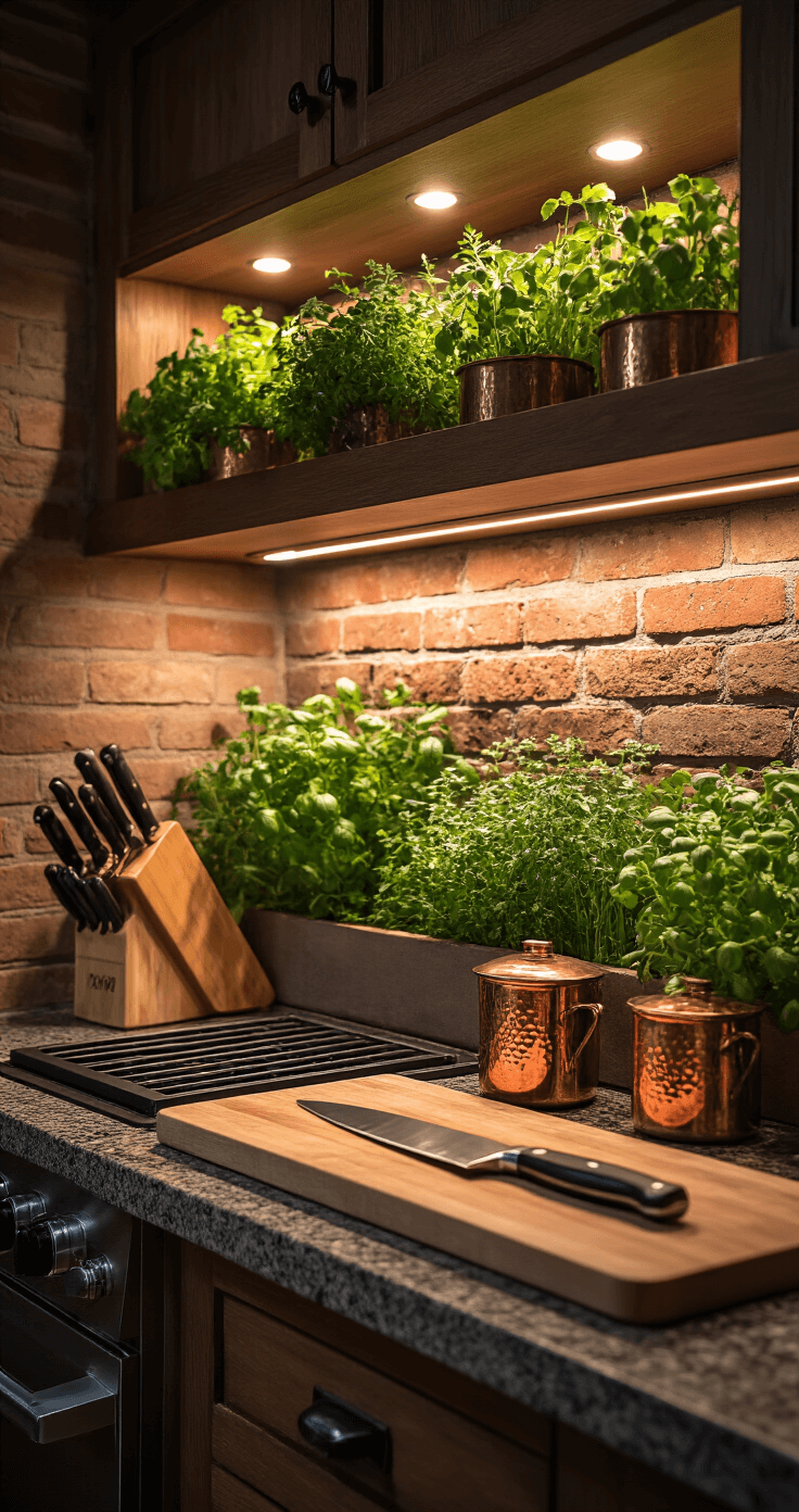 Intimate evening scene of a brick BBQ prep area, featuring a granite workspace illuminated by under-cabinet lighting, with a professional knife block and wooden cutting boards artistically arranged alongside copper accessories, set against a living herb garden wall, creating a warm and inviting atmosphere.
