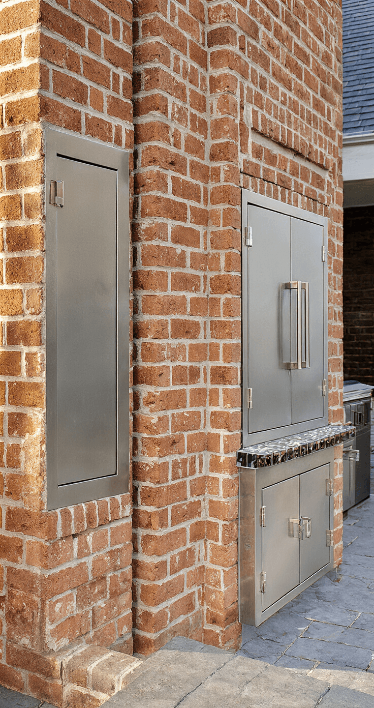 Close-up of a brick BBQ facade featuring an intricate herringbone pattern with soldier course borders, illuminated by morning light. Stainless steel access doors reflect sunlight, and dewdrops highlight the brick texture. The color palette includes warm brick tones and steel blue shadows.