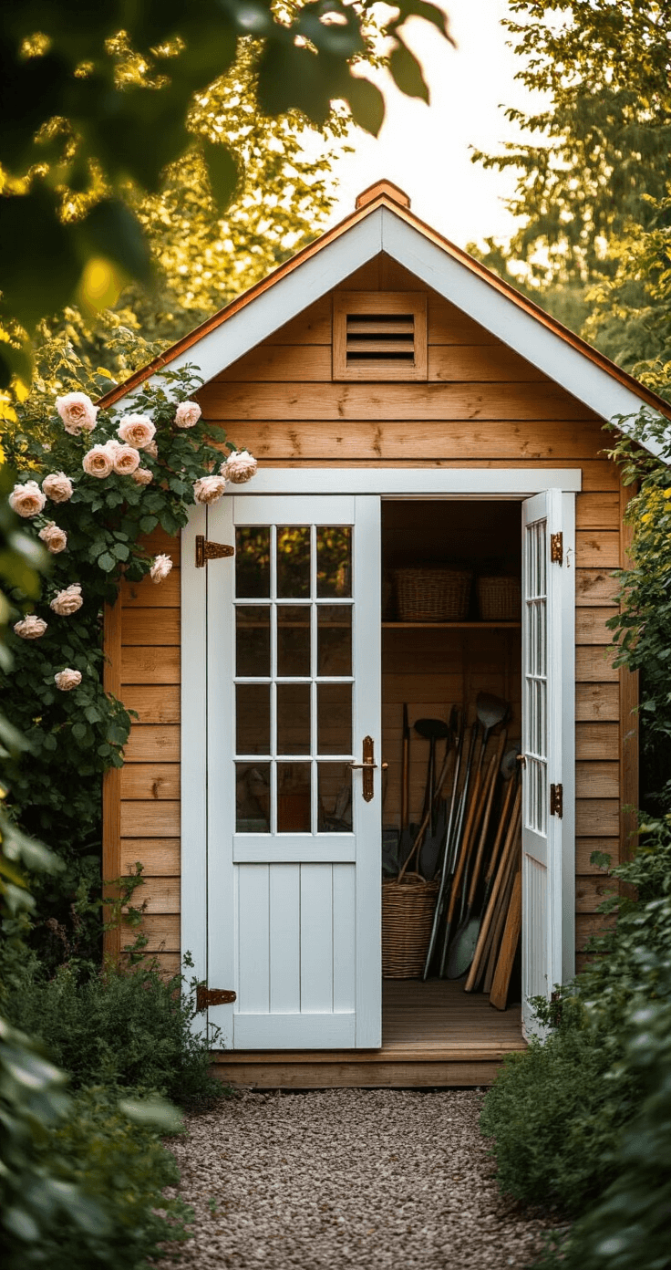 A charming wooden garden shed with weathered cedar planks and white trim, surrounded by climbing roses in a cottage garden during golden hour, featuring open French doors that reveal organized tools inside, captured from ground level with dappled sunlight and soft natural lighting.