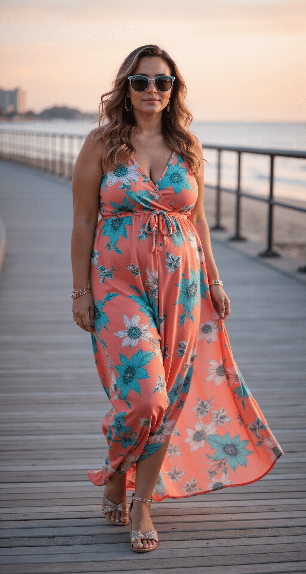 A curvy model in a flowing coral and turquoise floral maxi dress stands on a sunset beach boardwalk, her dress swaying in the breeze, complemented by metallic flat sandals and oversized sunglasses, with soft beach waves in her hair against a pastel sky.