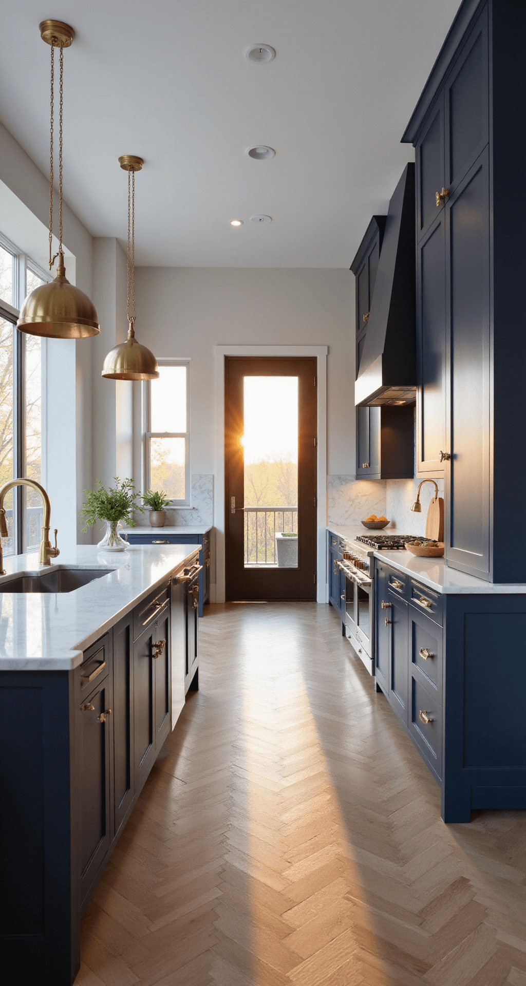 Elegant modern navy kitchen with warm golden hour light, featuring ceiling-height cabinetry, white Carrara marble, a waterfall island, and light oak herringbone floors, captured from the entrance.