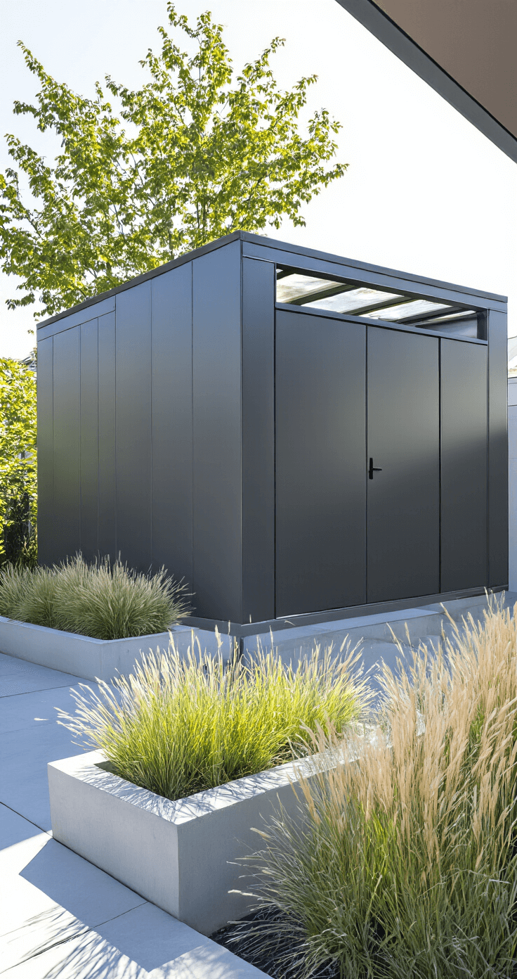 A high-angle view of a modern metal shed in a minimalist urban patio, featuring sleek graphite-colored panels and surrounded by contemporary concrete planters with architectural grasses, captured in direct midday sunlight with dramatic shadows and a glass panel roof for internal illumination.