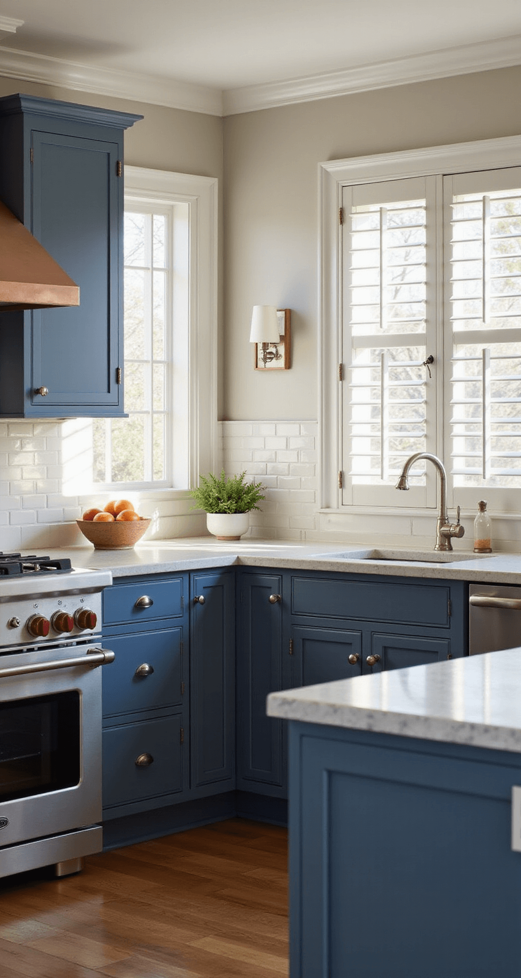 A low-angle shot of a traditional navy kitchen featuring shaker-style cabinets, cream quartz countertops, and a free-standing range with a copper hood, illuminated by soft morning light filtering through plantation shutters.