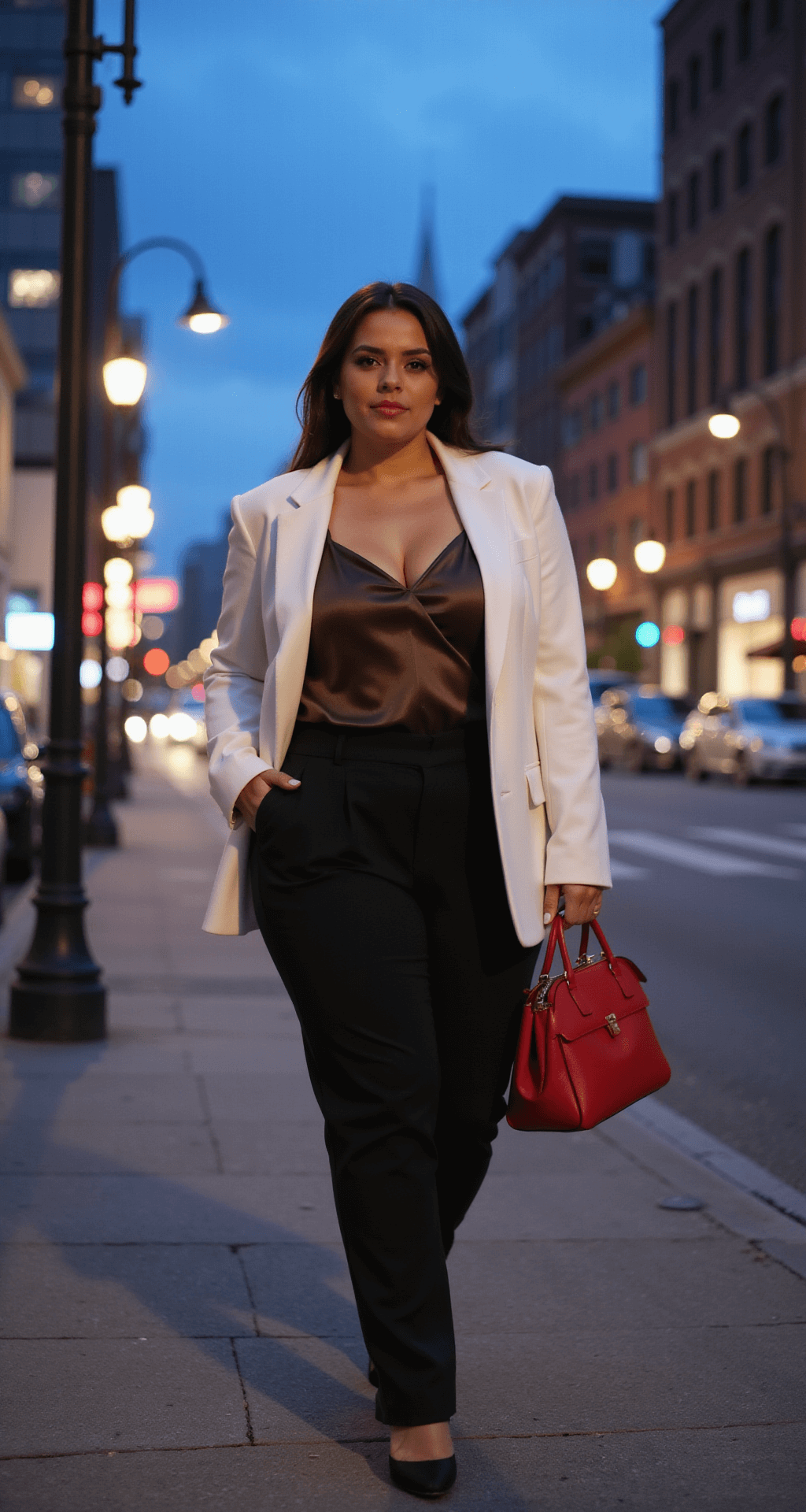 Curvy model in high-waisted black trousers and a structured white blazer over a silk camisole, holding a statement red handbag, mid-stride on an urban street corner during blue hour, with city lights in bokeh behind and mixed lighting from street lamps.