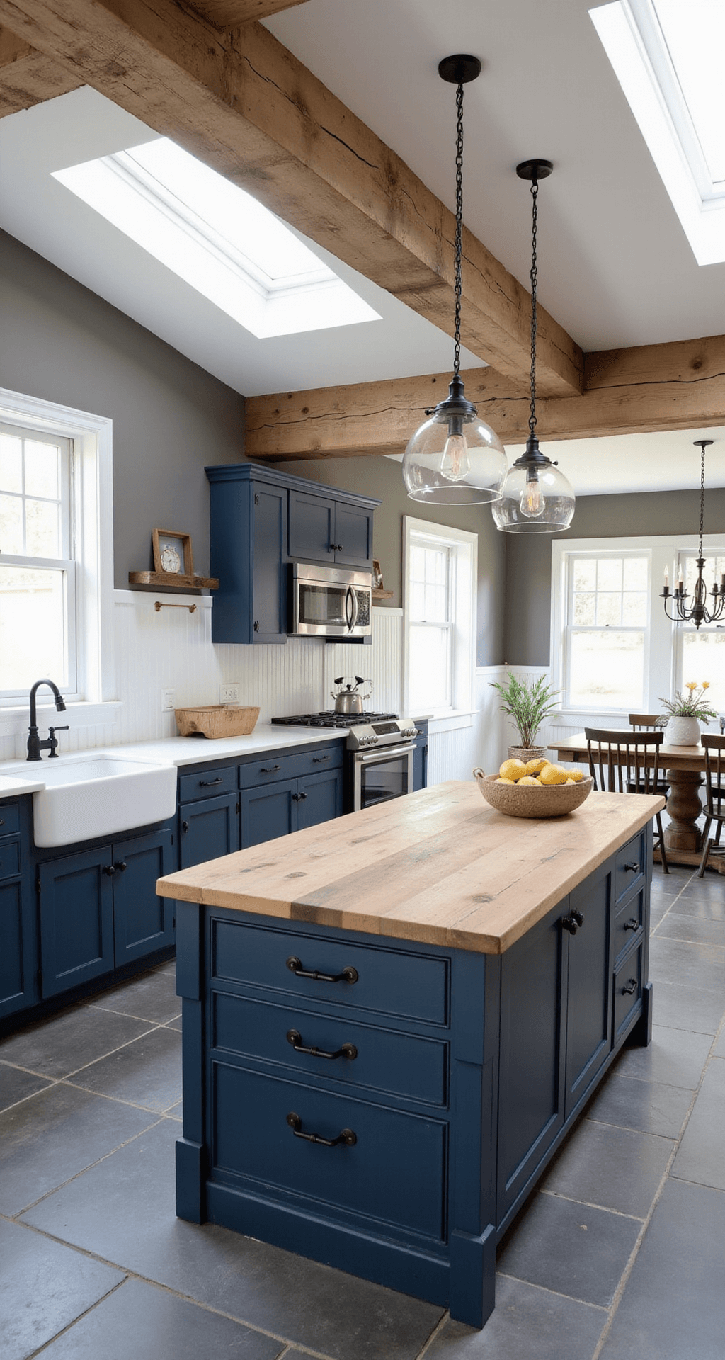 A spacious rustic kitchen featuring distressed navy cabinets, black iron hardware, and a butcher block island amid bright daylight from skylights, with white shiplap backsplashes and slate floor tiles, captured from the dining area.