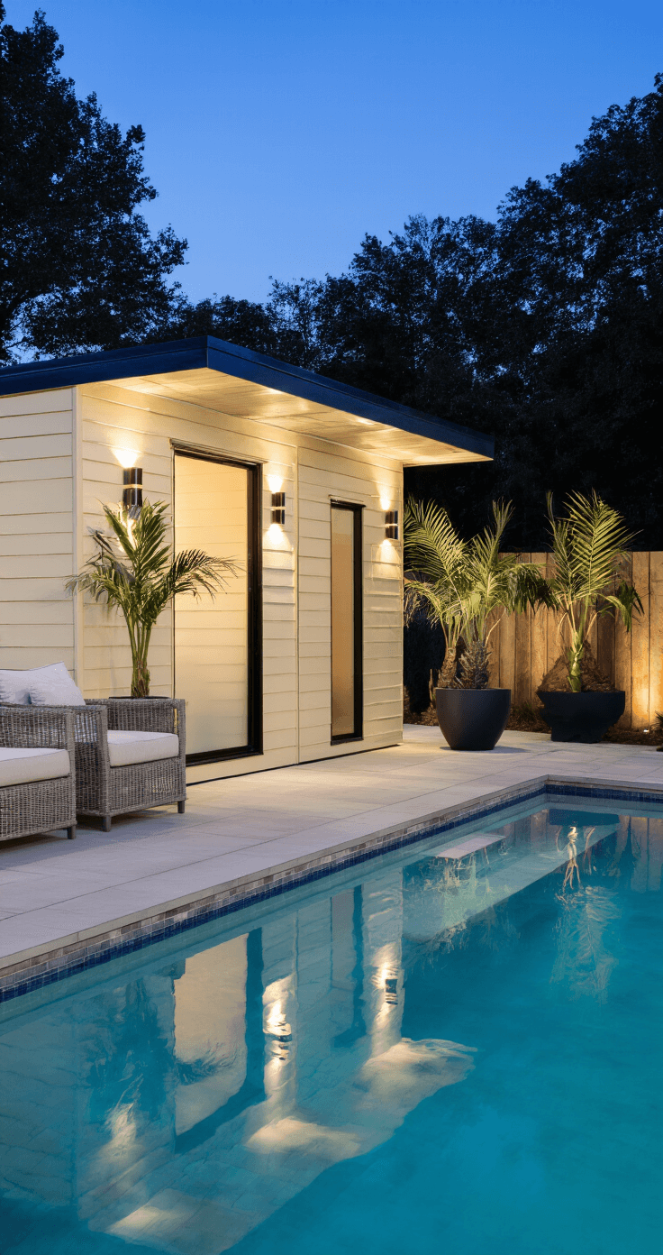 A low-angle shot of a cream-colored resin garden shed with wood-grain texture positioned beside a contemporary pool area, illuminated by dramatic uplighting from LED landscape lighting. The soft glow from frosted windows and the atmospheric twilight sky in blue tones complement modern pool furniture and potted palms framing the scene.