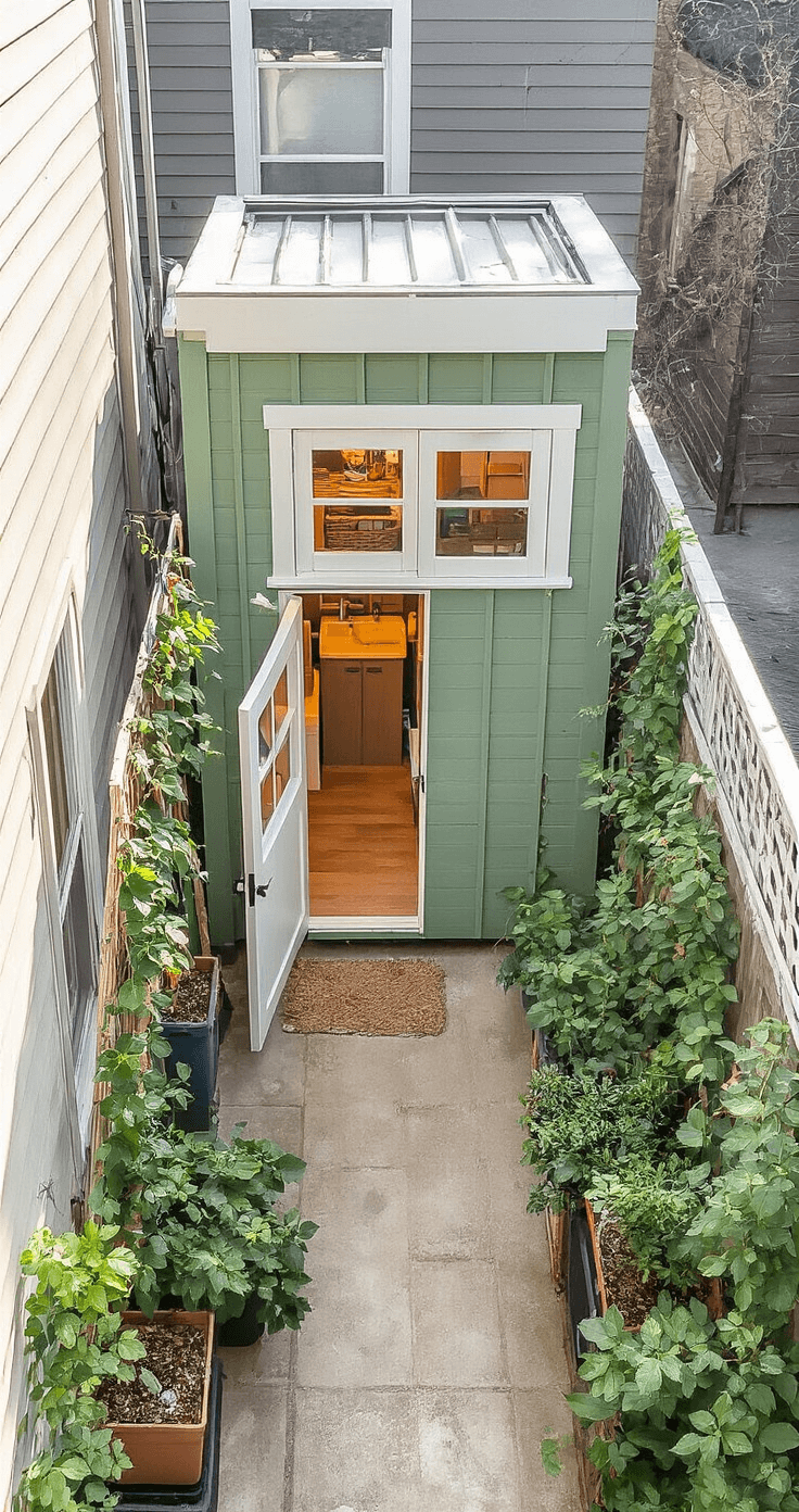 Bird's eye view of a compact urban shed in a tiny courtyard, featuring a sage green exterior and white accents. Open doors reveal innovative vertical storage solutions. The shed is encircled by a container garden with climbing vines, illuminated by soft morning light and a dewy atmosphere.