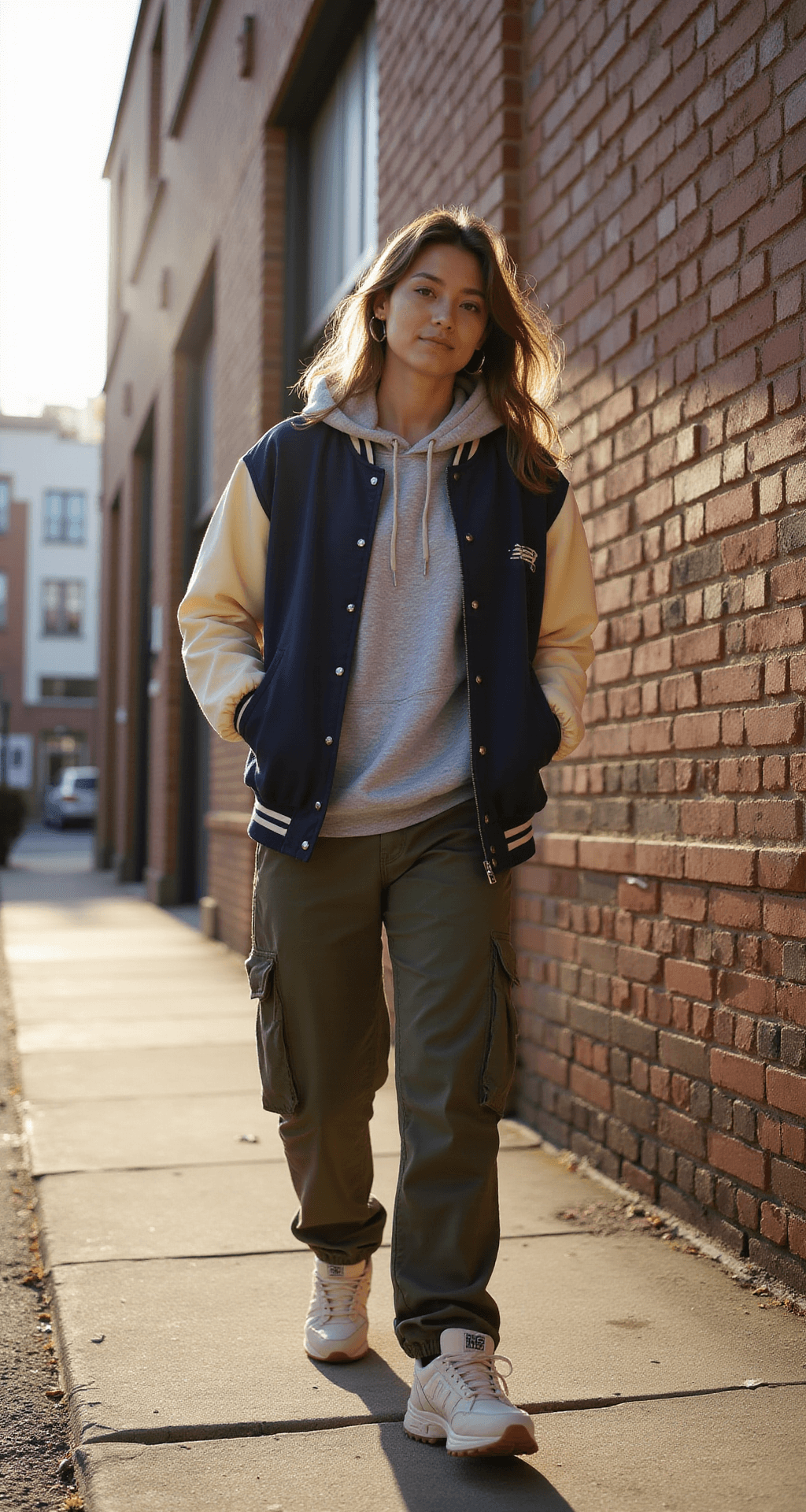 A confident young woman in an oversized navy and cream vintage varsity jacket over a heather grey hoodie walks past industrial brick walls on a sunlit urban street corner. She wears relaxed-fit olive cargo pants and cream chunky New Balance sneakers, with natural shadows creating interesting patterns. The low-angle shot emphasizes her street style, featuring a shallow depth of field that focuses on her outfit details, while soft backlight adds a gentle halo effect.