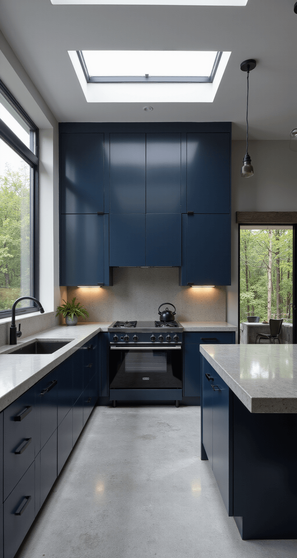 A contemporary minimalist navy kitchen on a rainy day, featuring high-gloss navy cabinets, concrete countertops, a waterfall island, and a metallic glass tile backsplash, with polished concrete floors and matte black fixtures, all illuminated by diffused grey daylight through clerestory windows.