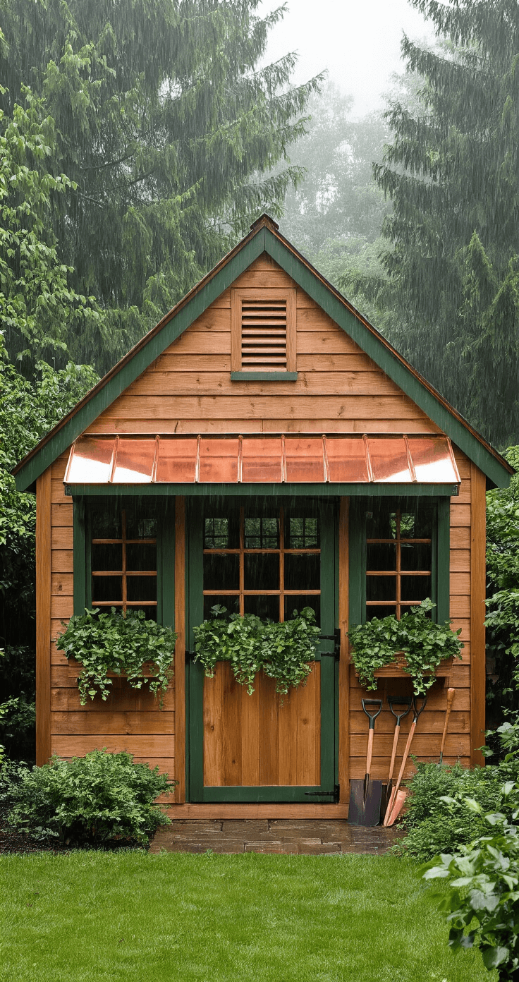 Traditional wooden shed in an English country garden, featuring a rich cedar stain and hunter green trim, copper gutters with patina, and window boxes filled with trailing ivy, all captured during light rain with a misty atmosphere and glistening water droplets; classic garden tools are artfully arranged at the shed's entrance.