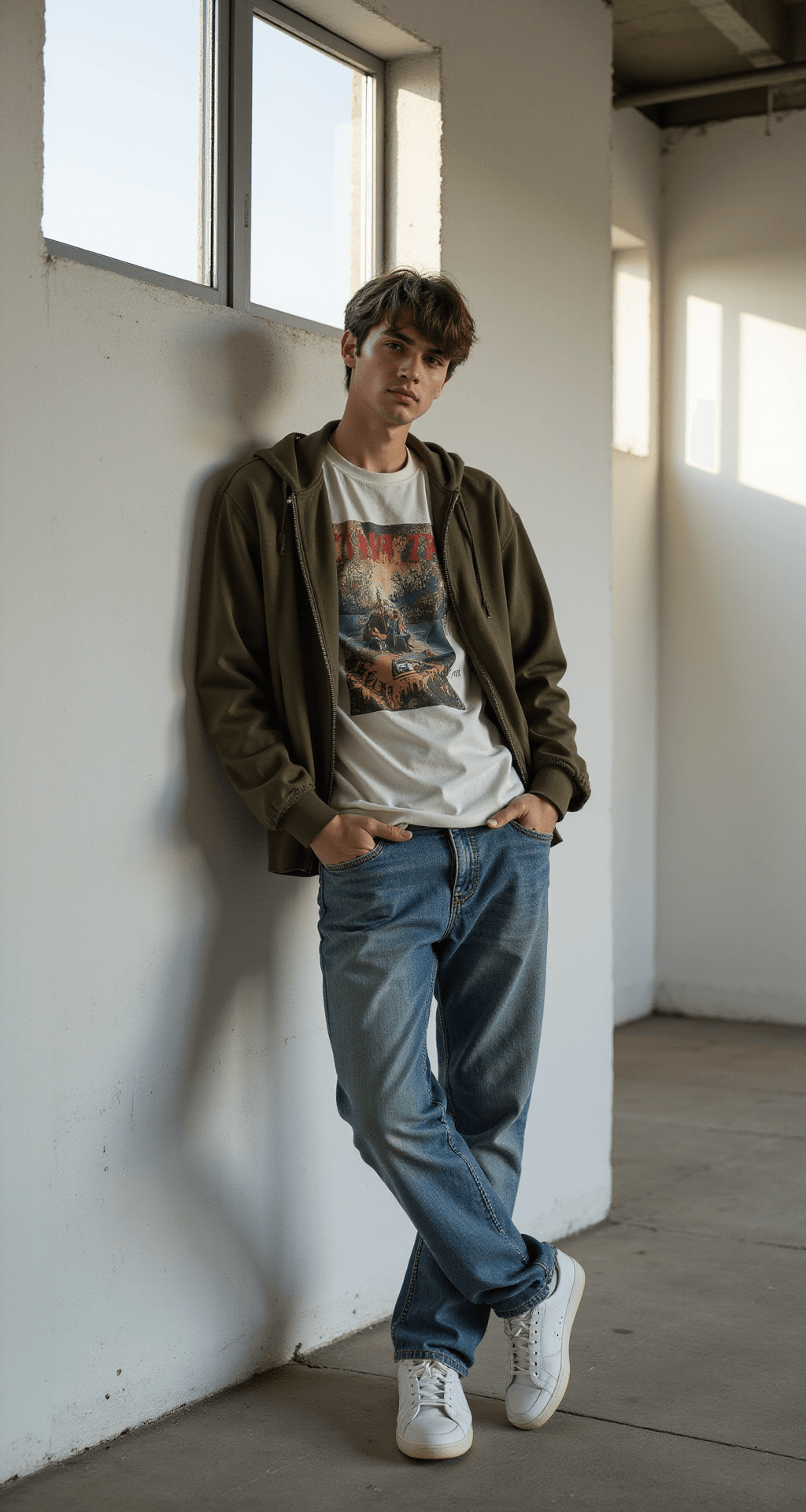 Image of a minimalist concrete studio space with floor-to-ceiling windows allowing dramatic morning light. A model casually poses against a white wall, wearing an olive zip-up hoodie over a vintage band tee, paired with relaxed straight-leg vintage wash jeans that pool at the ankles, and clean white AF1 sneakers. The wide-angle shot captures the full outfit, showcasing strong side lighting that highlights the texture contrasts.