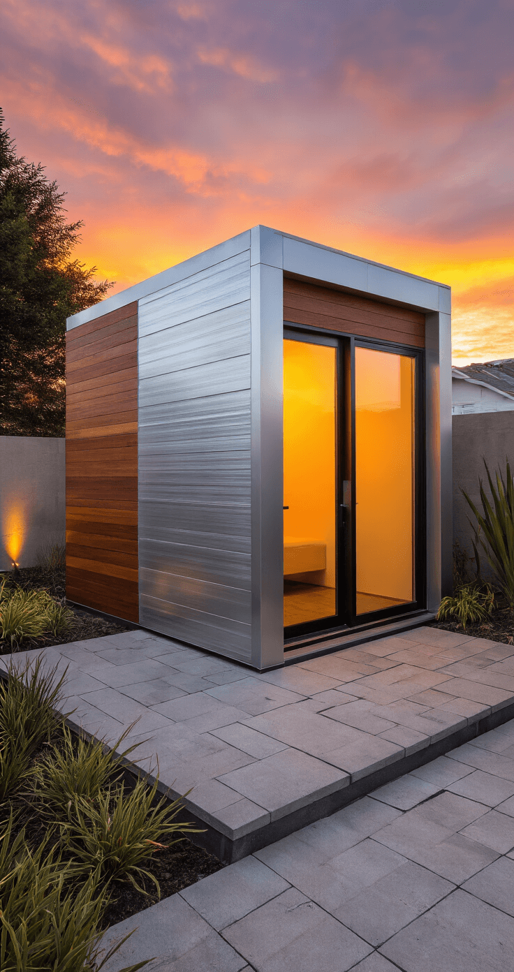 Contemporary metal-wood hybrid shed in modern backyard at sunset, featuring brushed aluminum and ipe wood panels, with a floor-to-ceiling glass door reflecting the orange sky, surrounded by geometric hardscaping and architectural plants, captured from an elevated position with dramatic side lighting.